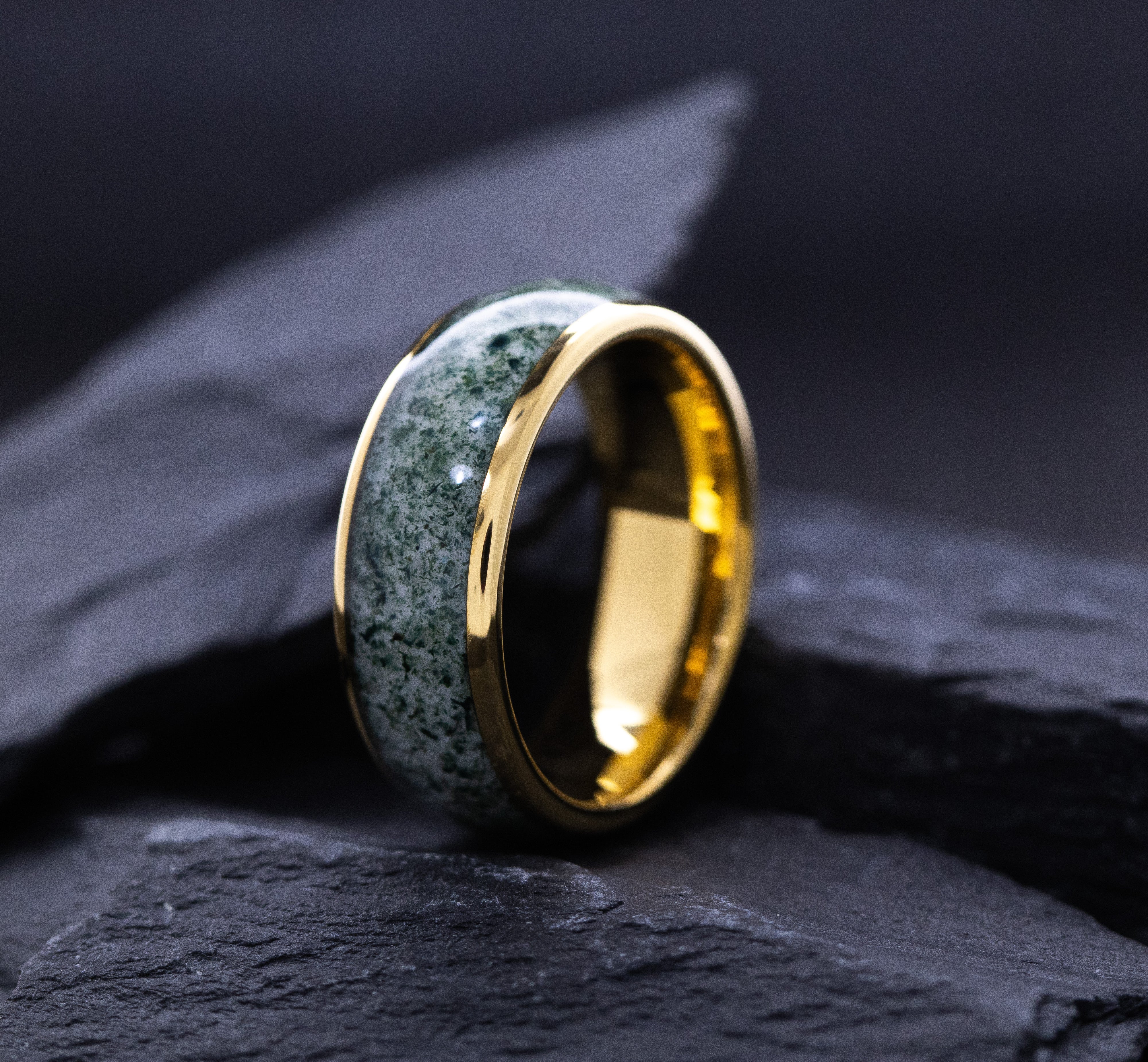 8mm Yellow Gold Plated Tungsten Ring with Green Moss Agate Inlay