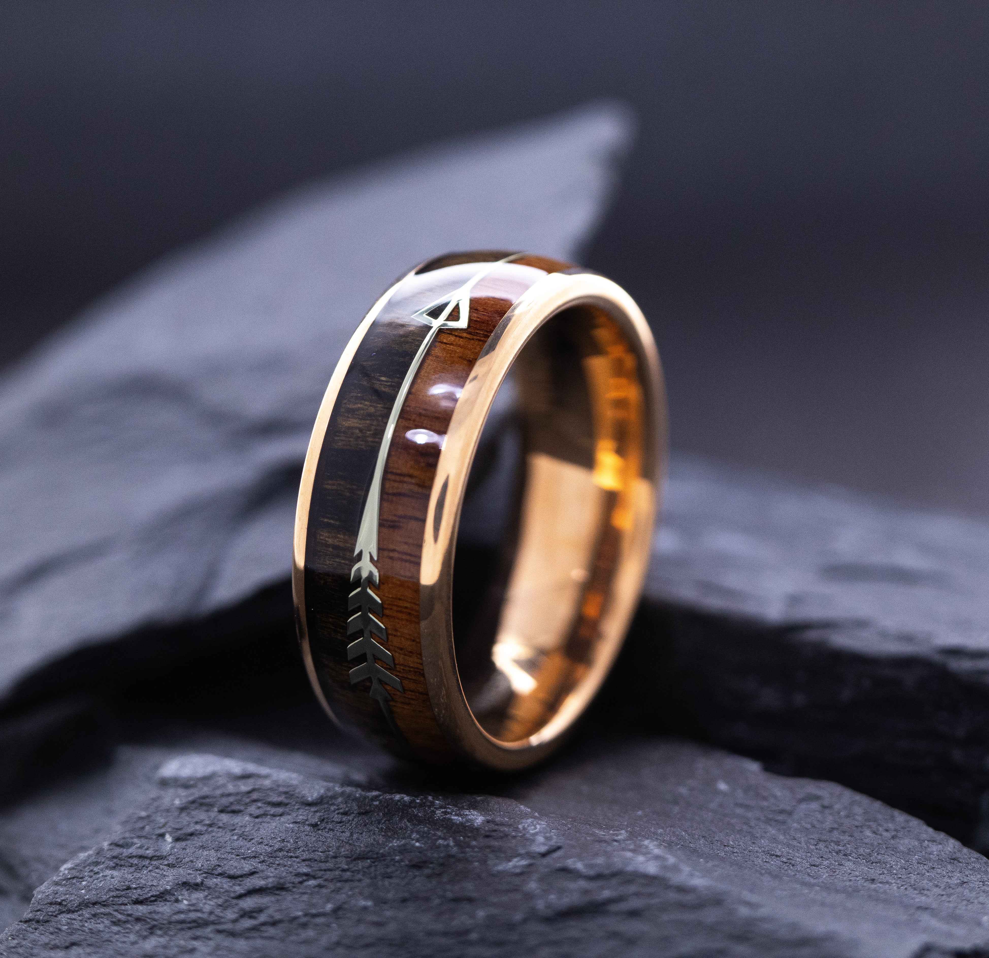 8mm Dome Shaped, Rose Gold Plated Tungsten Ring with Wood and Silver Arrow