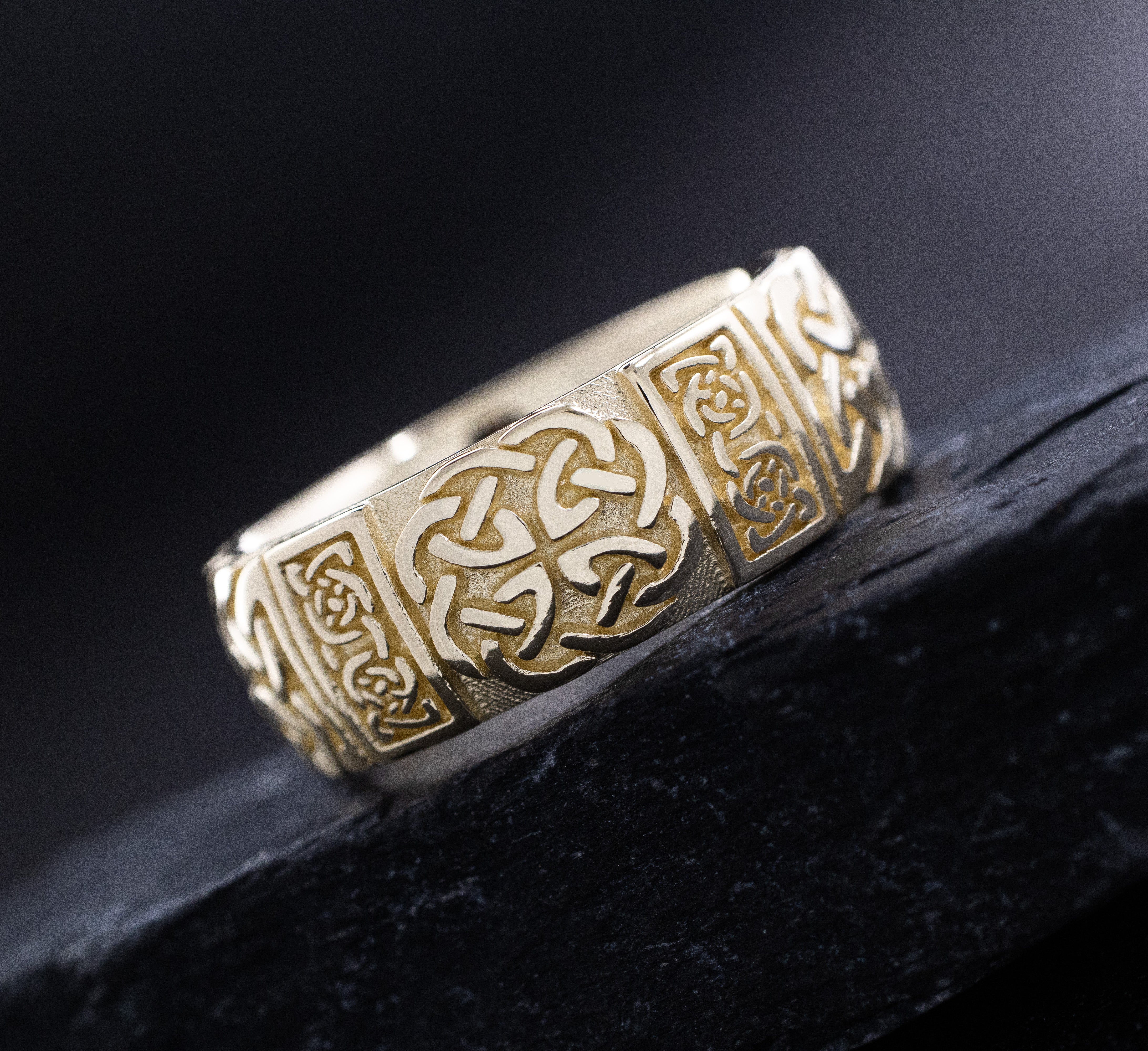 9mm Custom Made, Dome Shaped, Solid Gold Ring with Celtic Knot Engraving