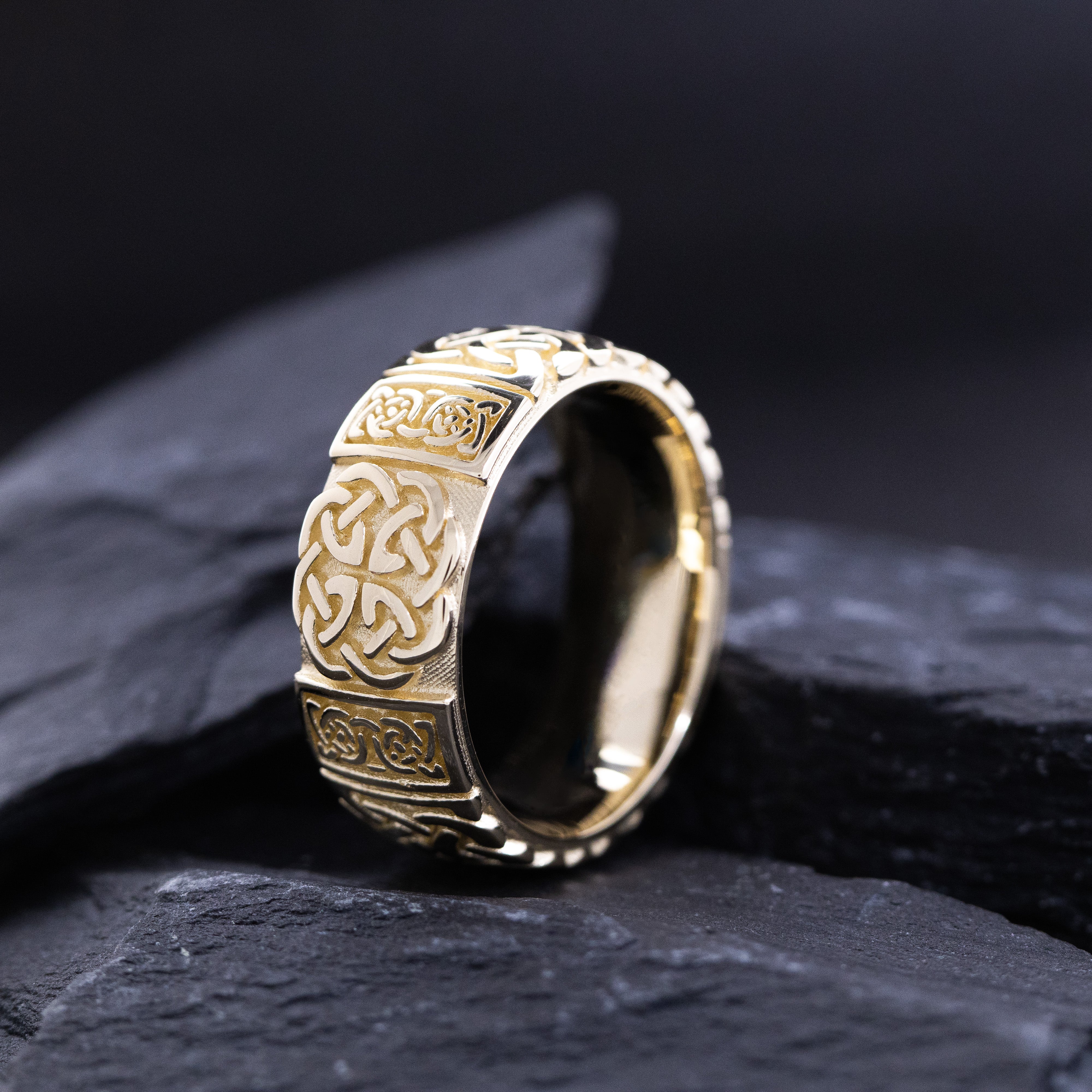9mm Custom Made, Dome Shaped, Solid Gold Ring with Celtic Knot Engraving