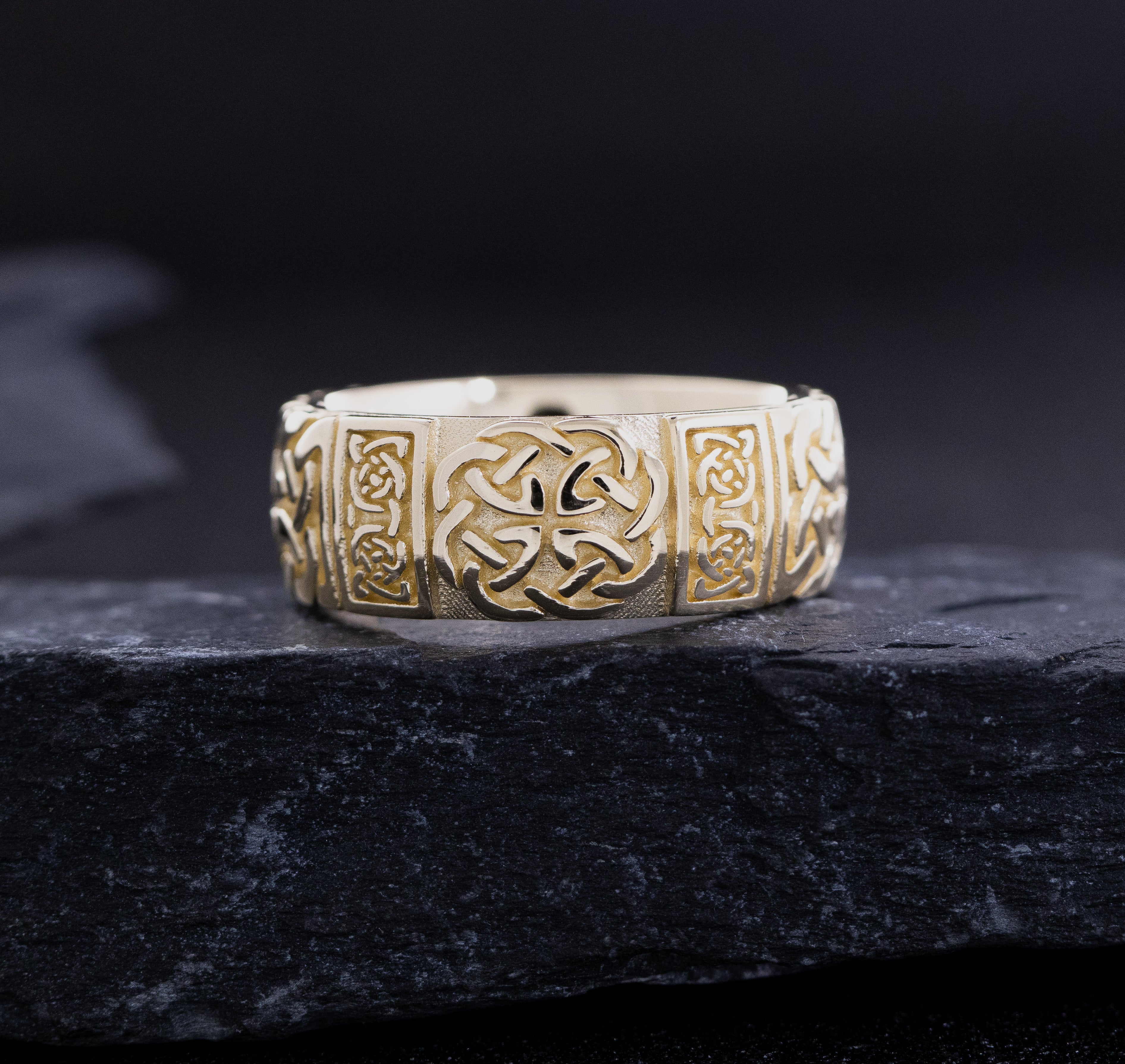 9mm Custom Made, Dome Shaped, Solid Gold Ring with Celtic Knot Engraving