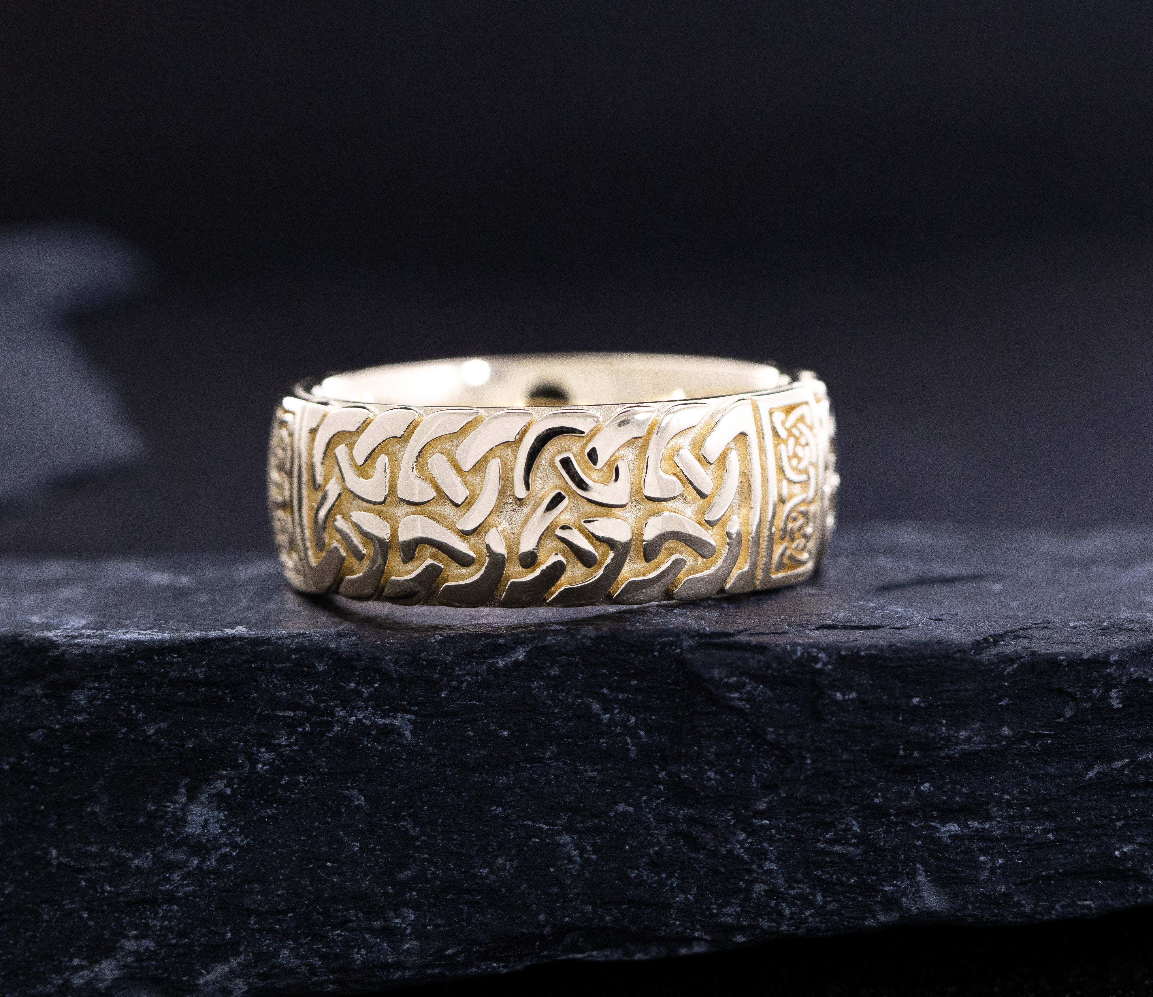 9mm Custom Made, Dome Shaped, Solid Gold Ring with Celtic Knot Engraving