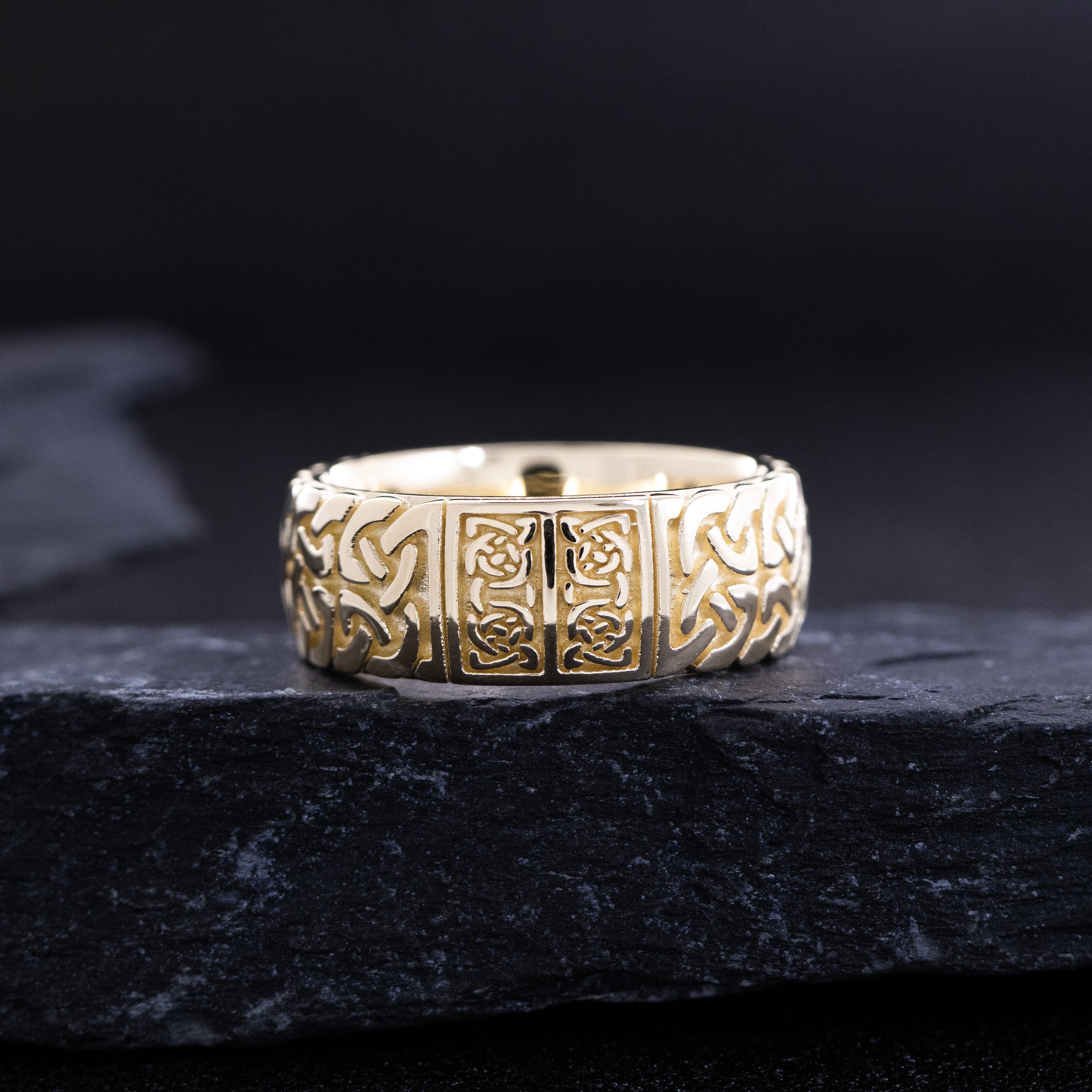 9mm Custom Made, Dome Shaped, Solid Gold Ring with Celtic Knot Engraving