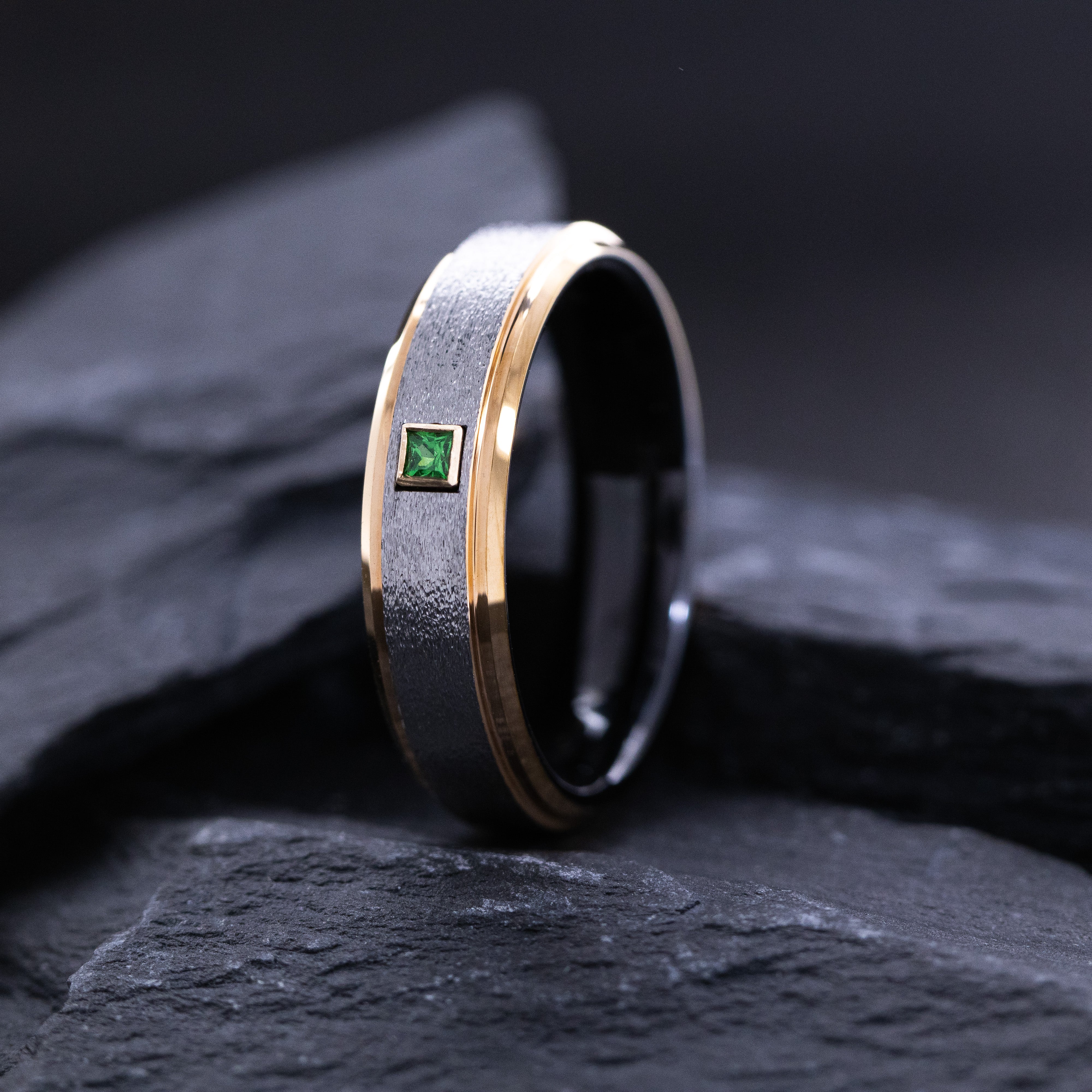 6mm Tungsten Ring with Stone Finish Exterior, Rose Gold Plated Stepped Edges with Square Cut Gemstone