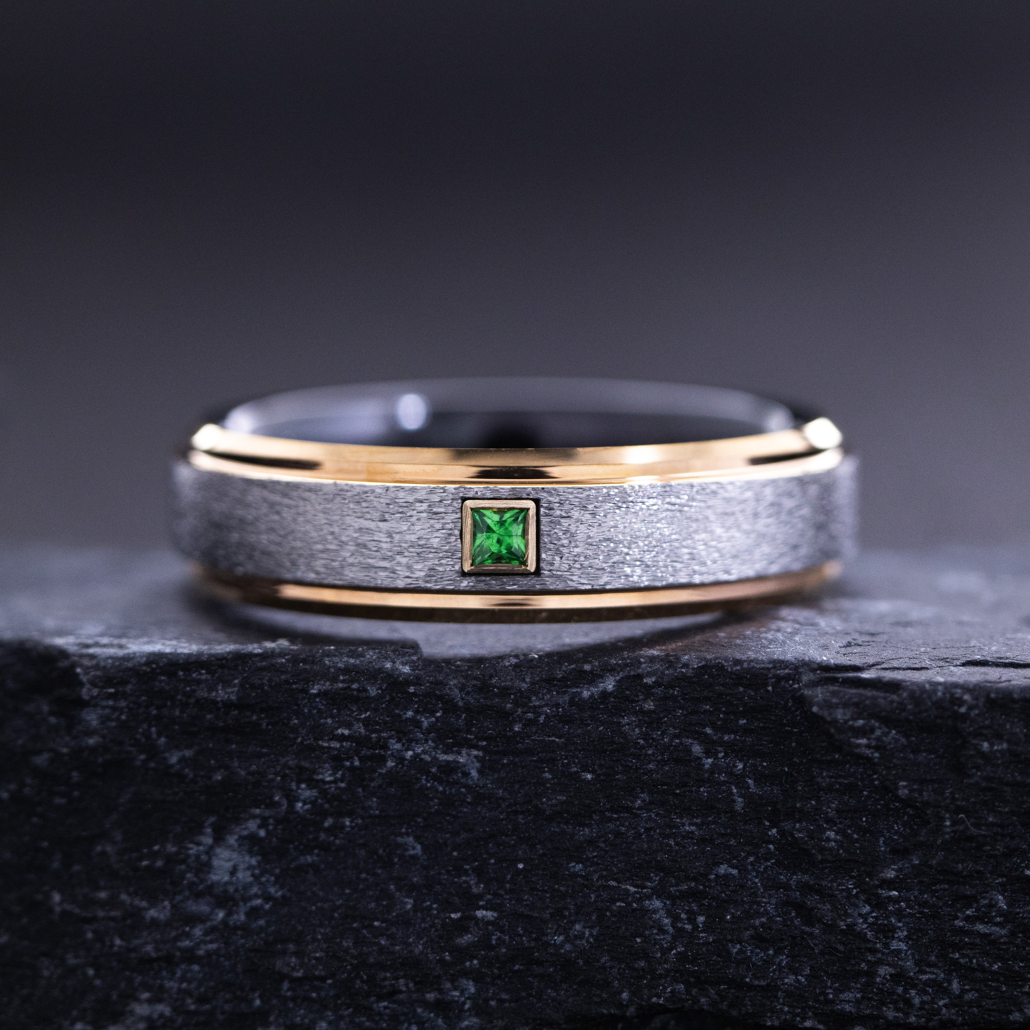 6mm Tungsten Ring with Stone Finish Exterior, Rose Gold Plated Stepped Edges with Square Cut Gemstone