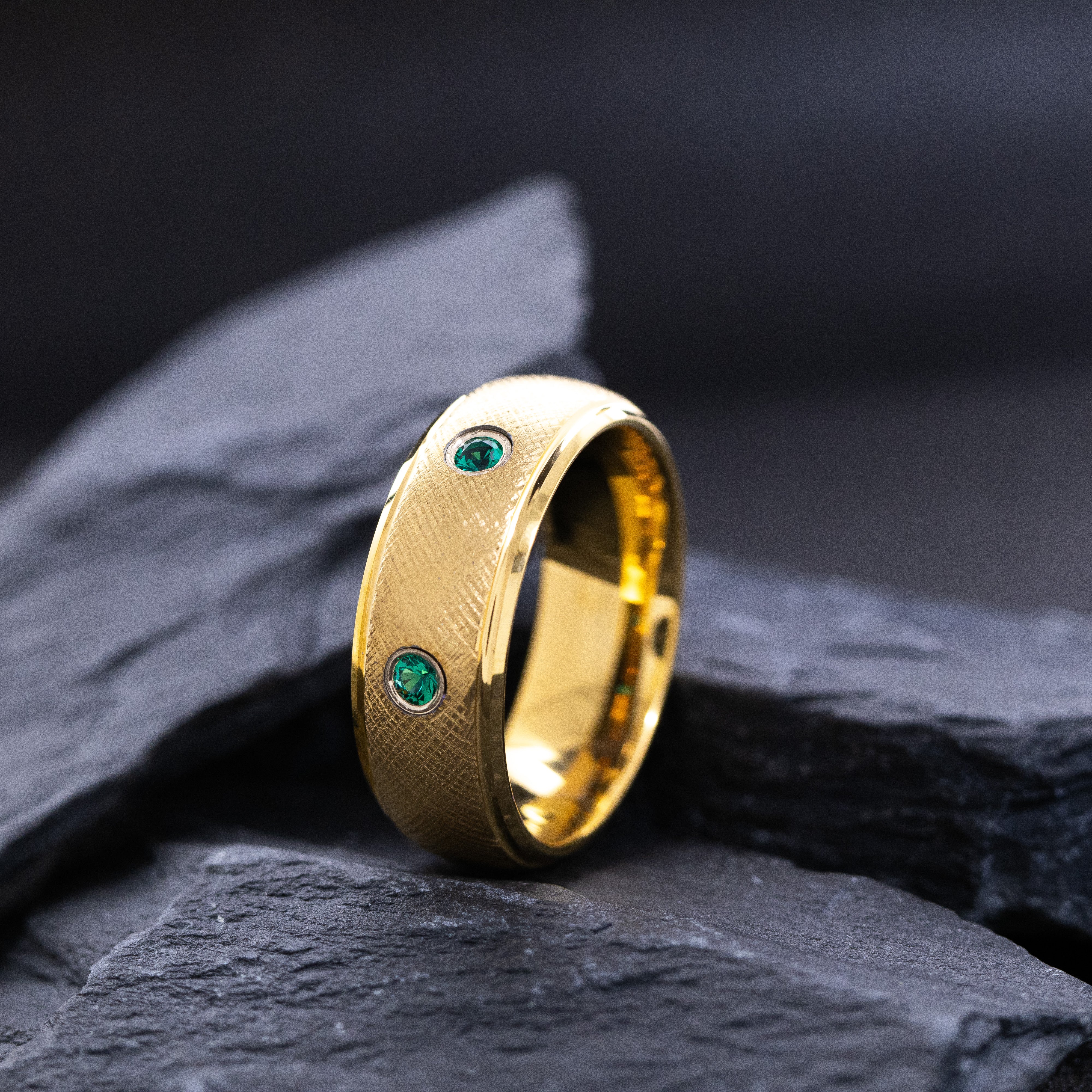 8mm Yellow Gold Dome Tungsten Carbide Ring with Two Round Cut Gemstones