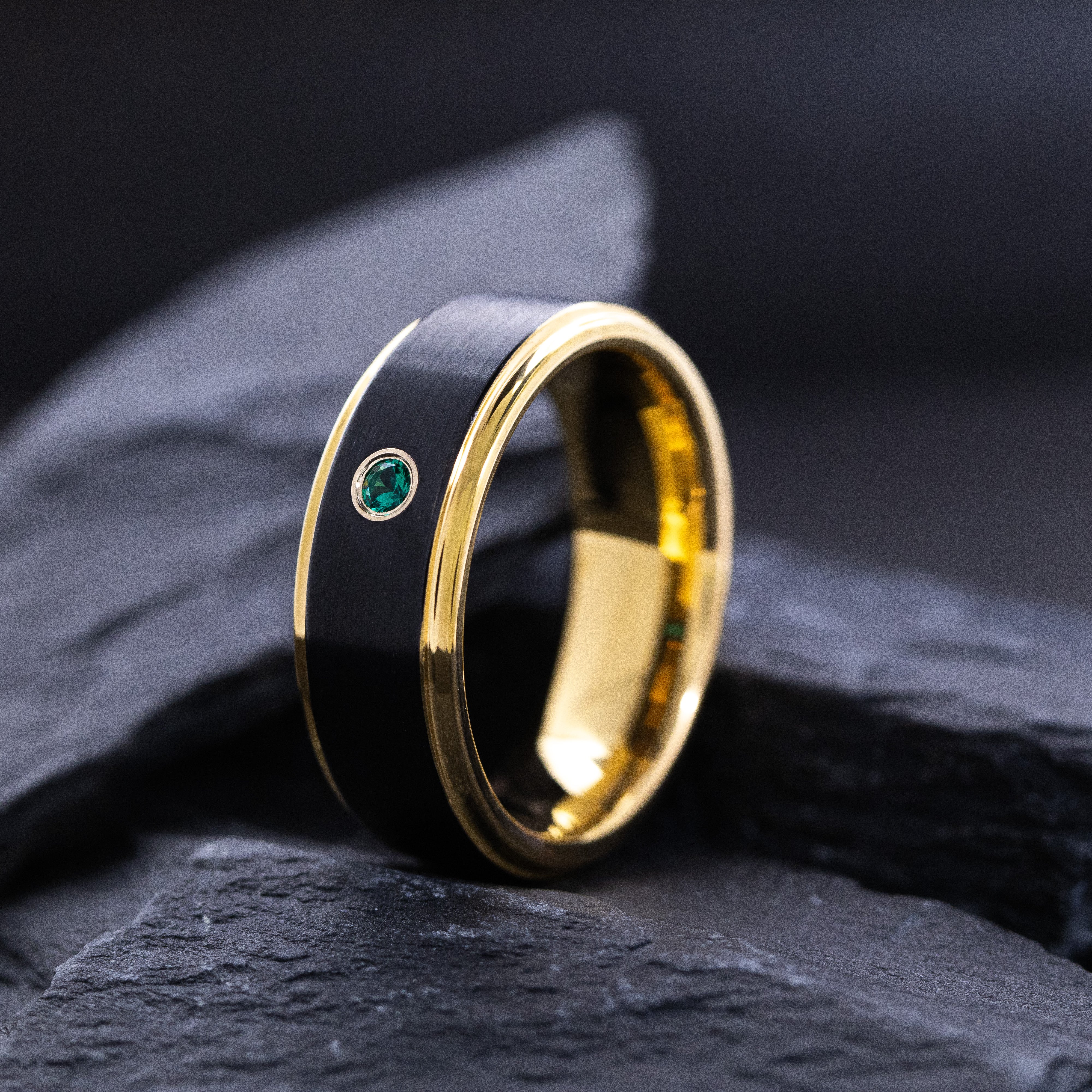 8mm Yellow Gold and Black Tungsten Carbide Ring with Round Cut Gemstone and Stepped Edges