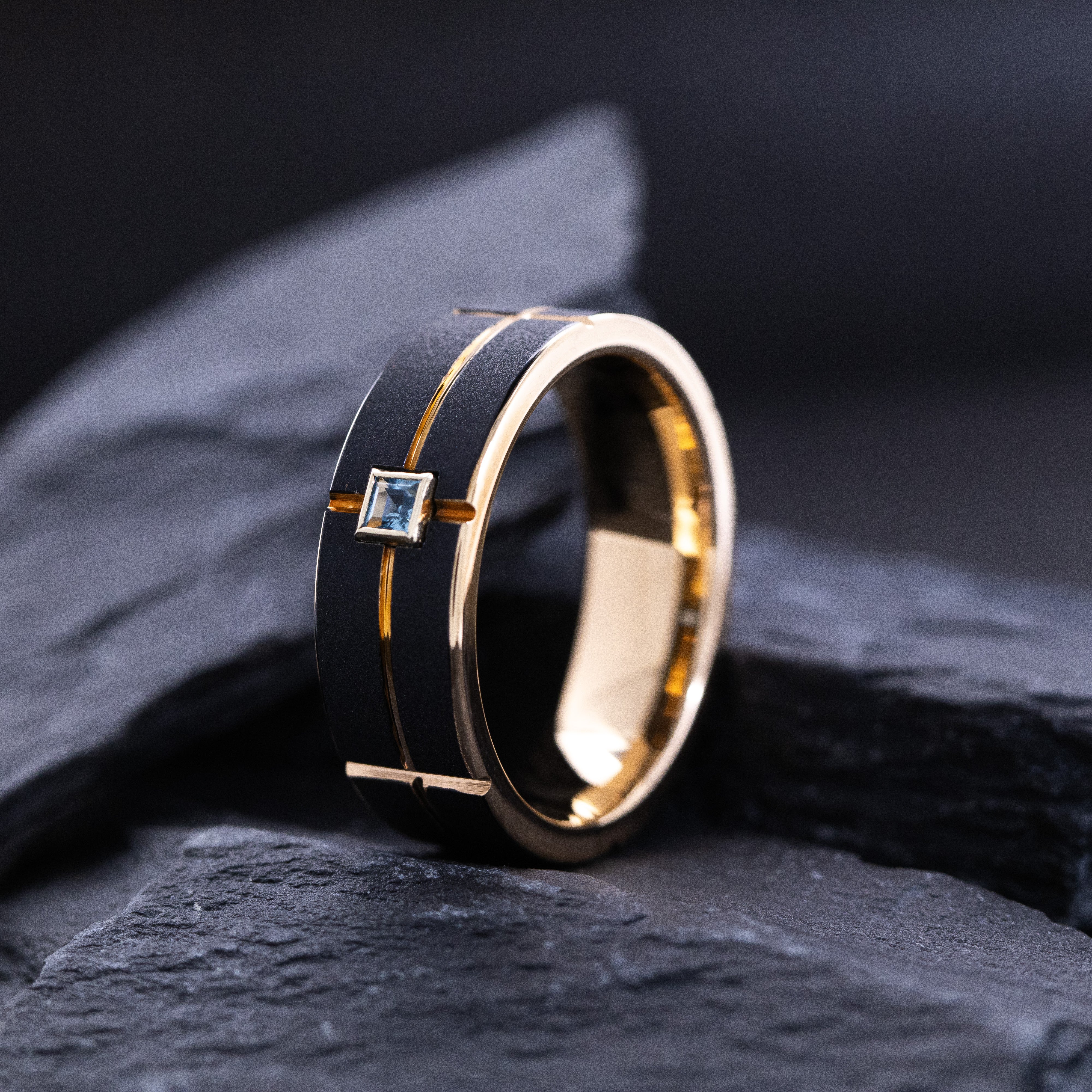 8mm Black and Rose Gold Notched and Grooved Tungsten Ring with Gemstone