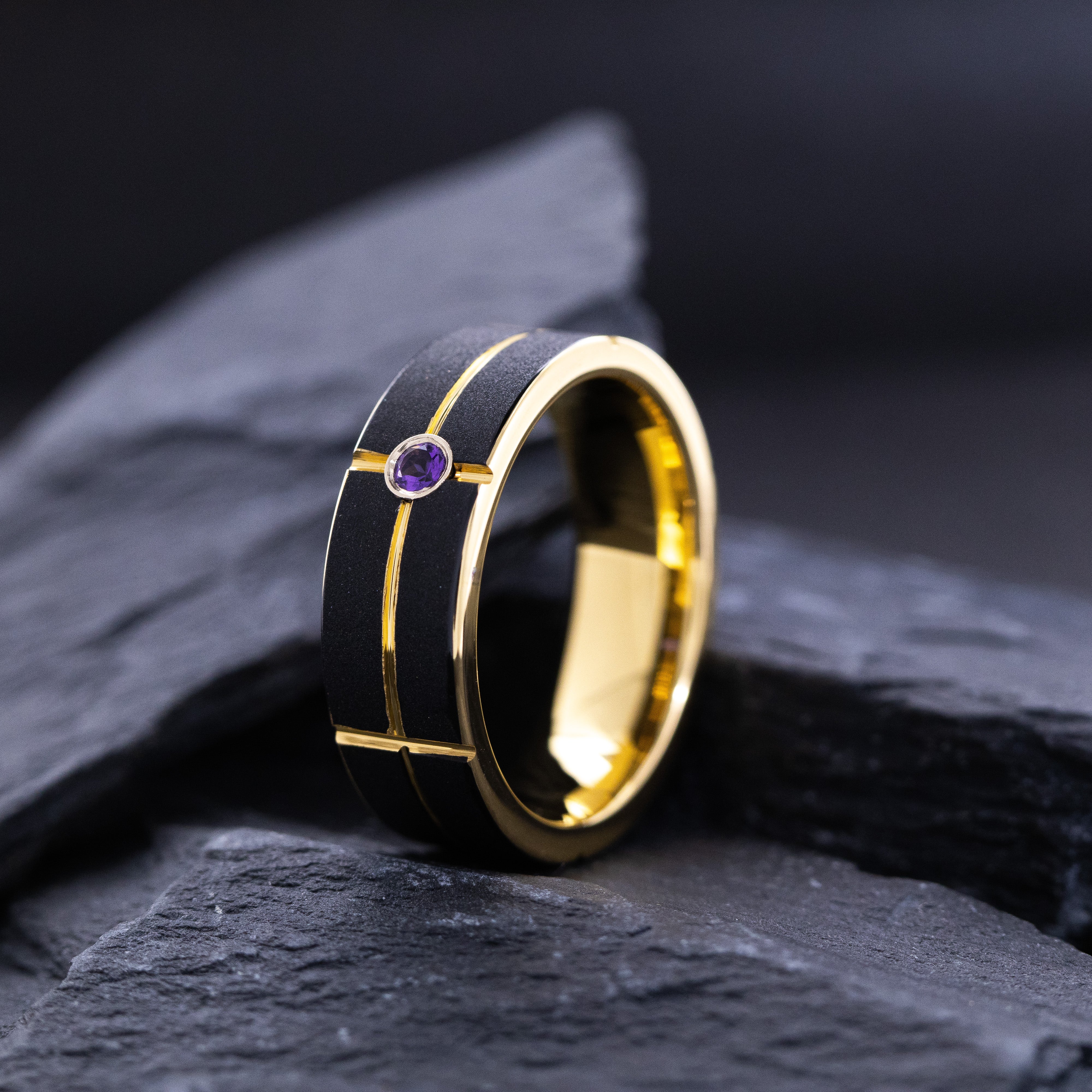 8mm Black and Yellow Gold Notched and Grooved Tungsten Ring with Round Cut Gemstone