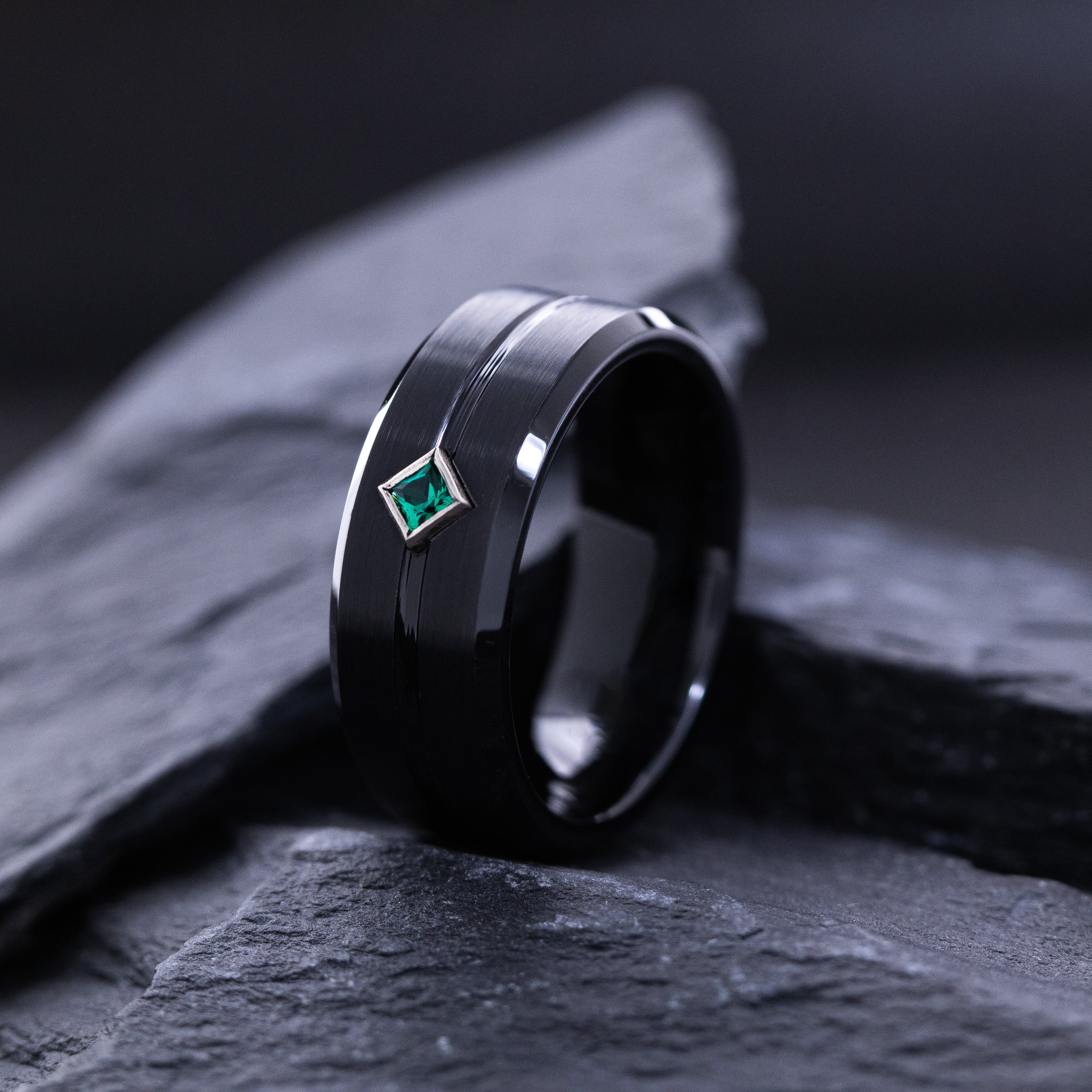 8mm Black Tungsten Ring with Groove and Princess Cut Gemstone
