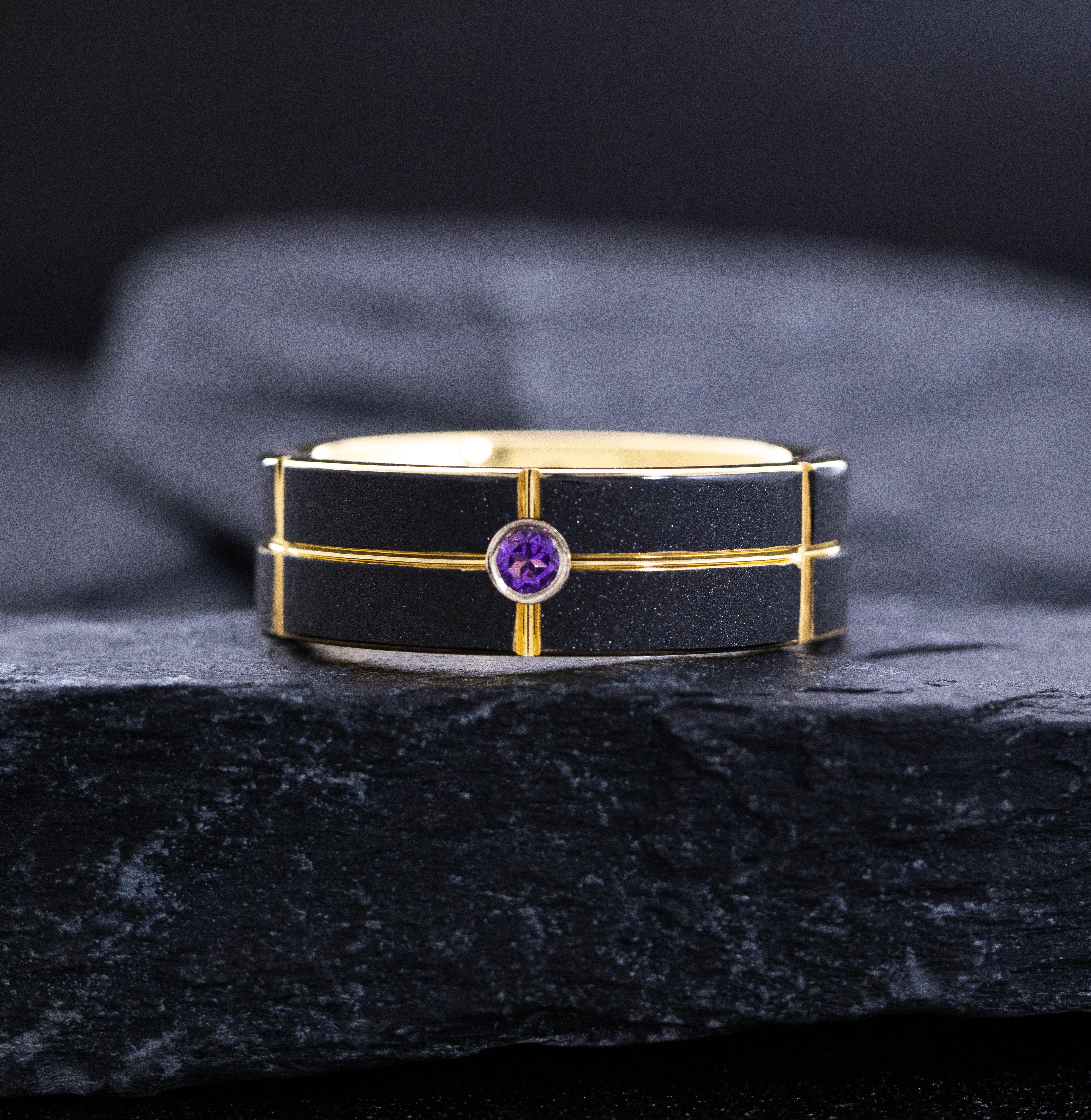 8mm Black and Yellow Gold Notched and Grooved Tungsten Ring with Round Cut Gemstone