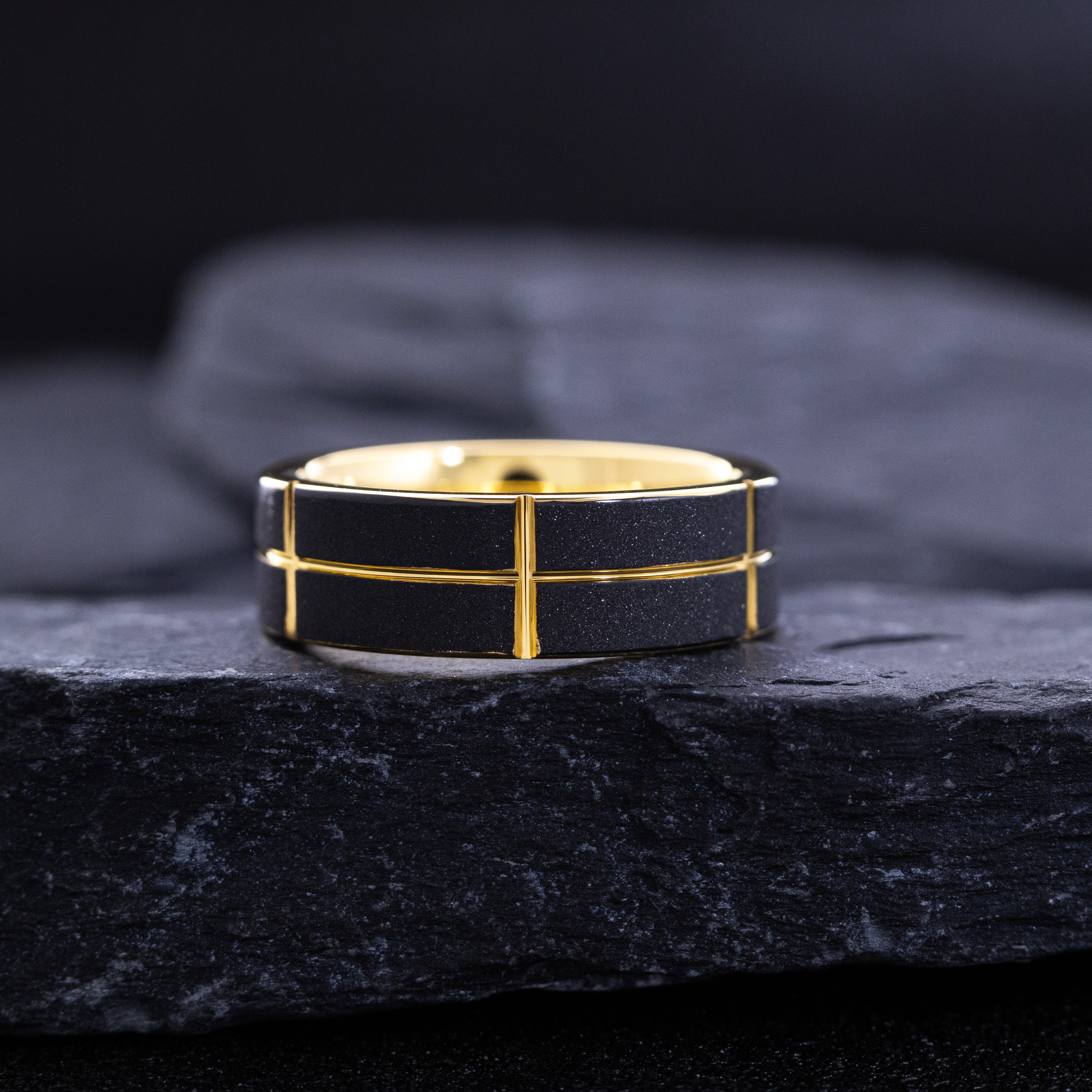 8mm Black and Rose Gold Notched and Grooved Tungsten Ring with Gemstone