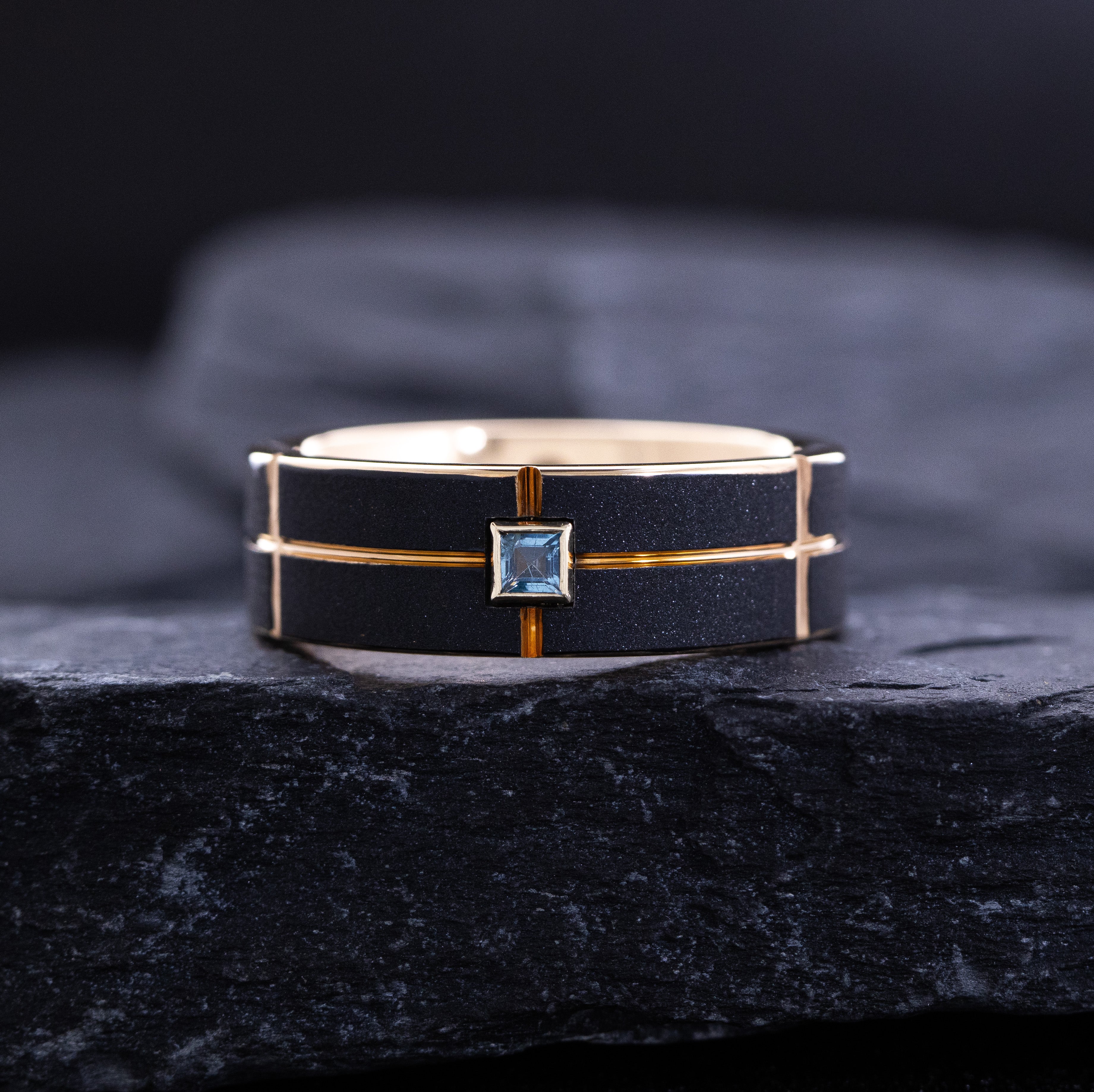 8mm Black and Rose Gold Notched and Grooved Tungsten Ring with Gemstone