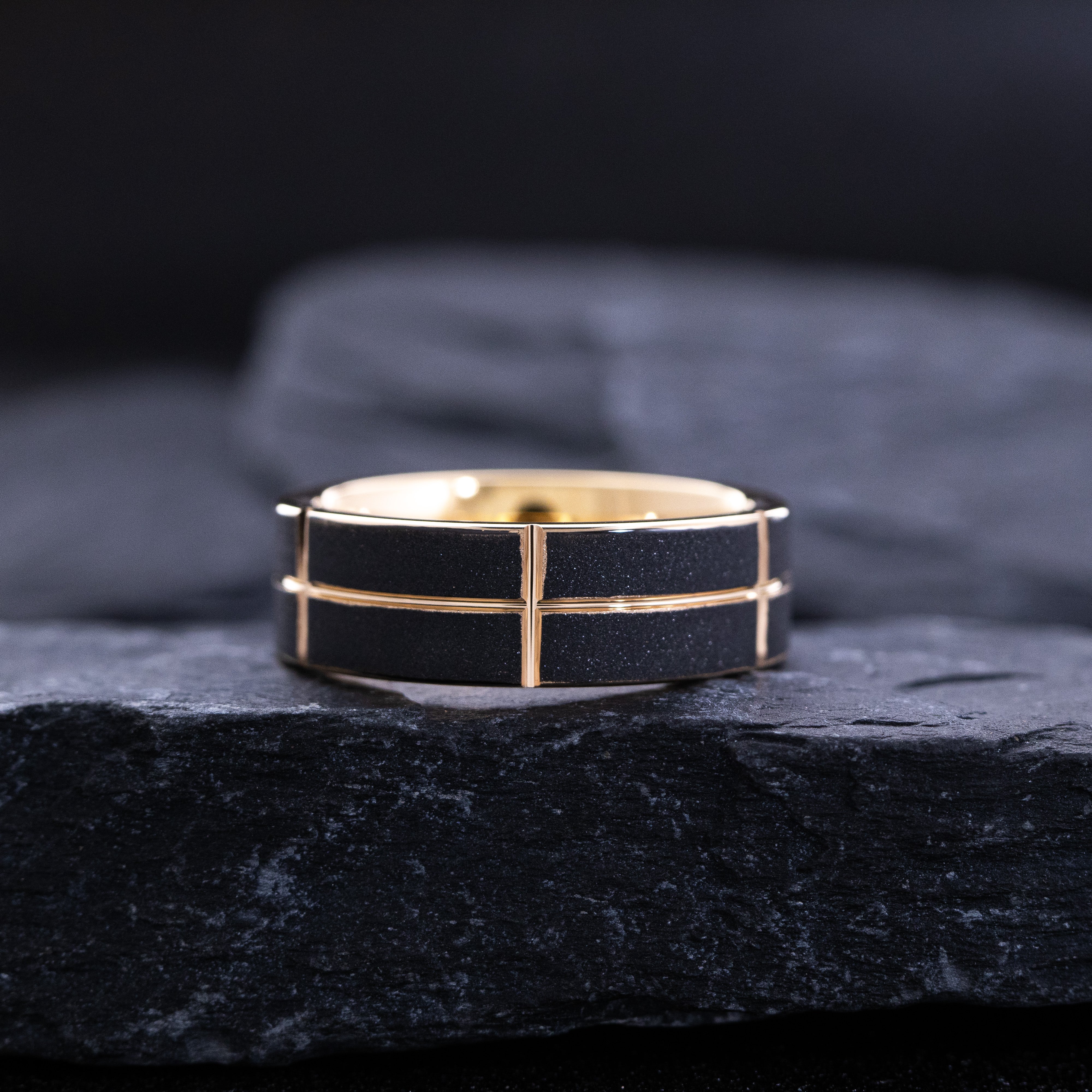 8mm Black and Yellow Gold Notched and Grooved Tungsten Ring with Round Cut Gemstone