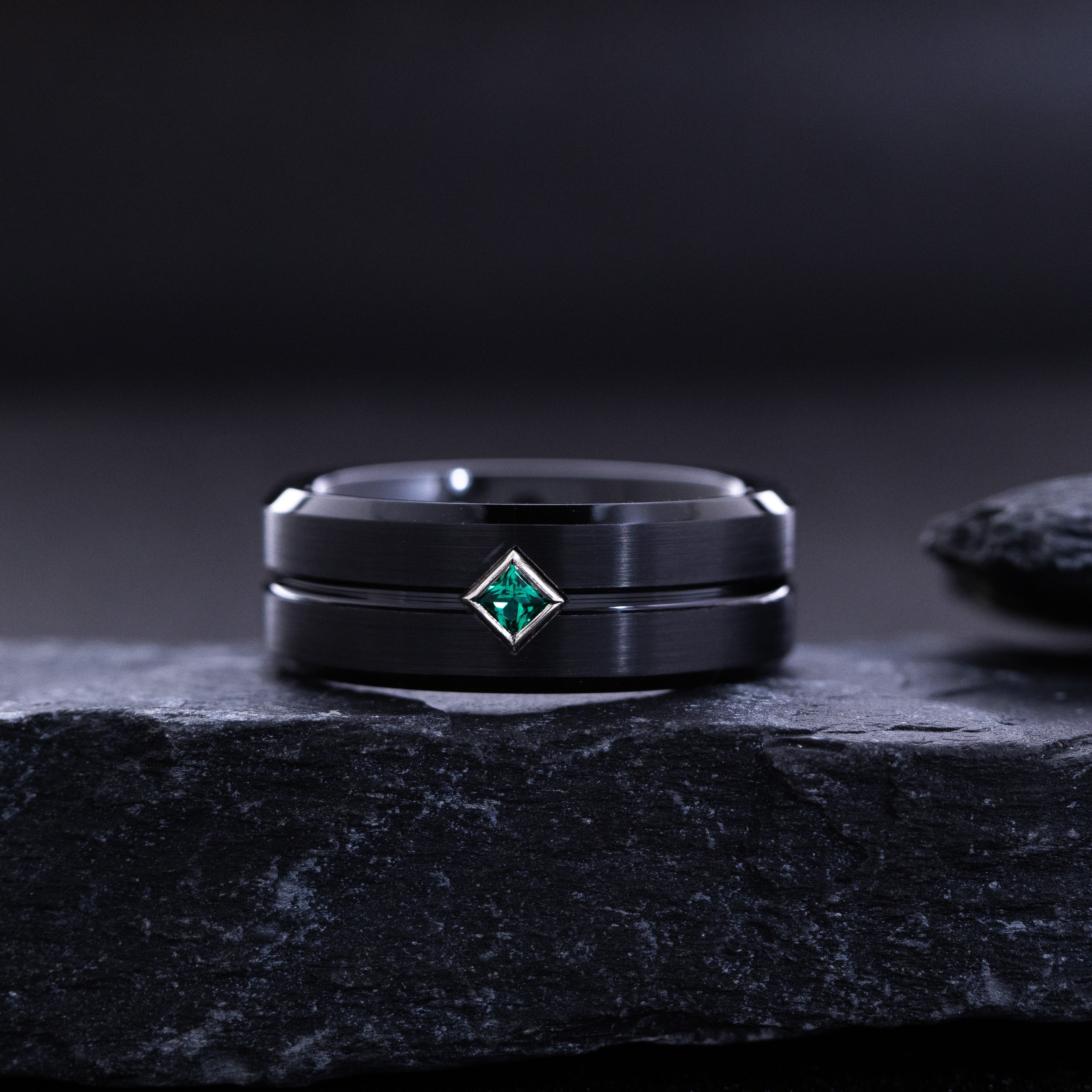 8mm Black Tungsten Ring with Groove and Princess Cut Gemstone