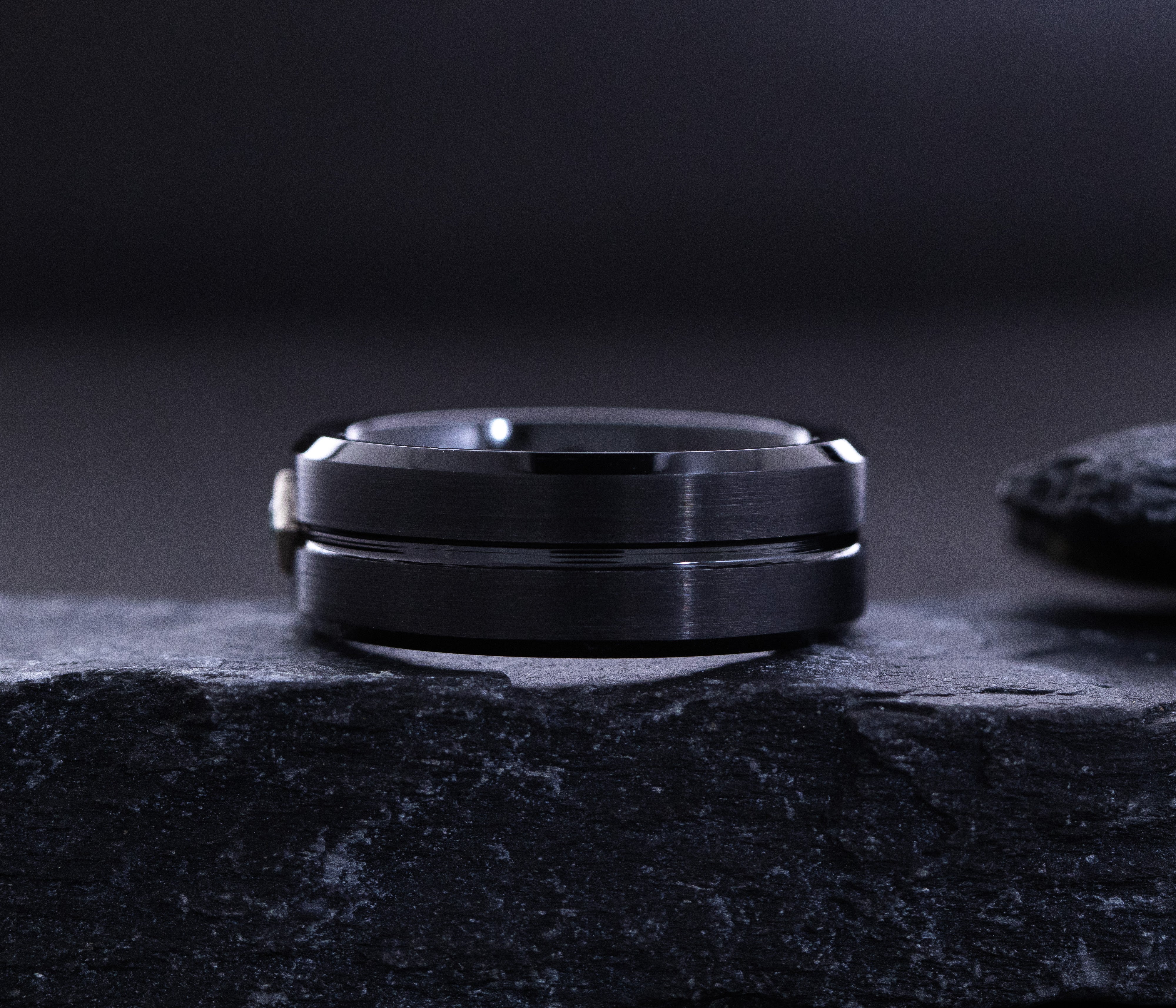 8mm Black Tungsten Ring with Groove and Princess Cut Gemstone