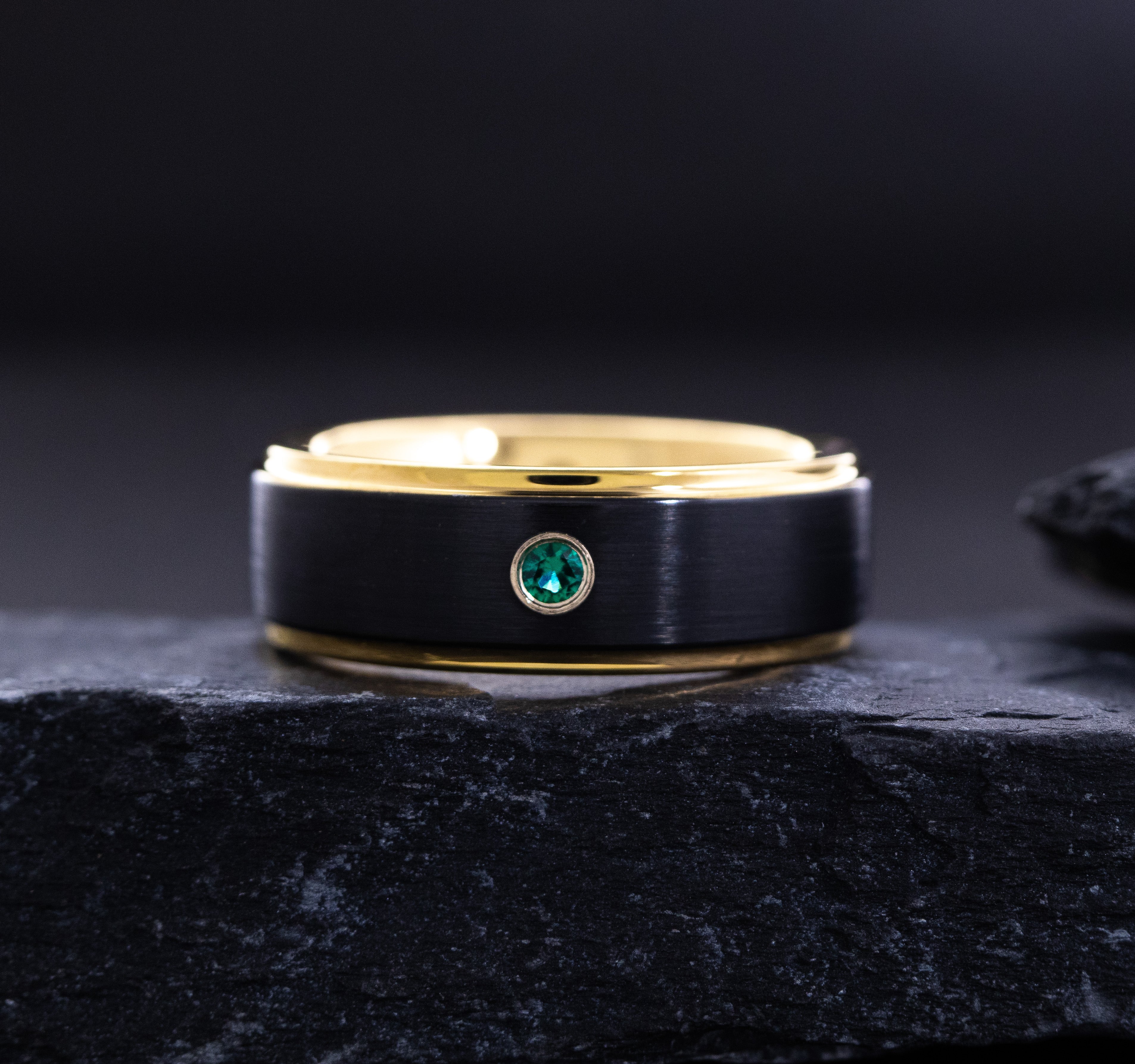 8mm Yellow Gold and Black Tungsten Carbide Ring with Round Cut Gemstone and Stepped Edges