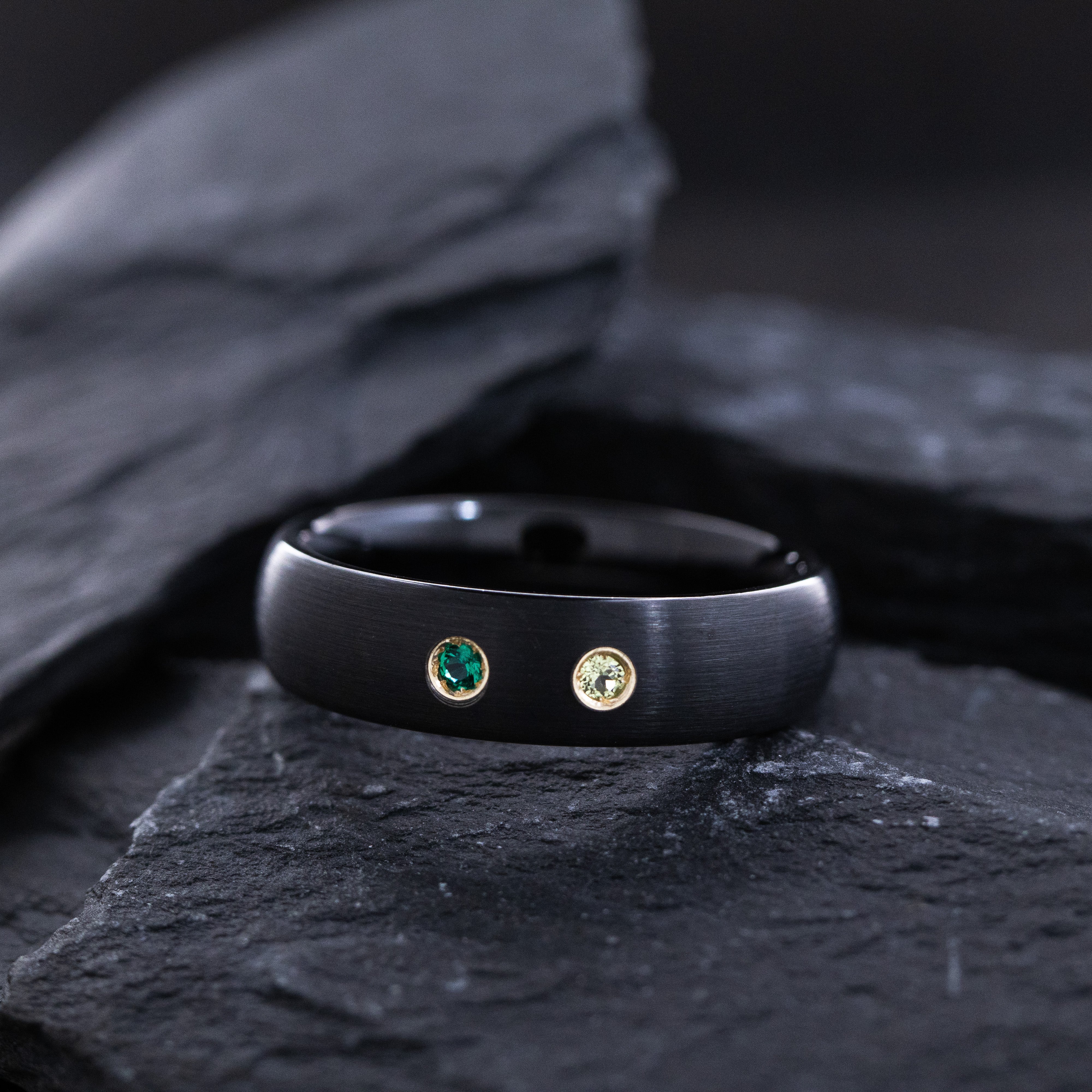 6mm Black Satin Tungsten Carbide Ring with Two Round Cut Gemstones