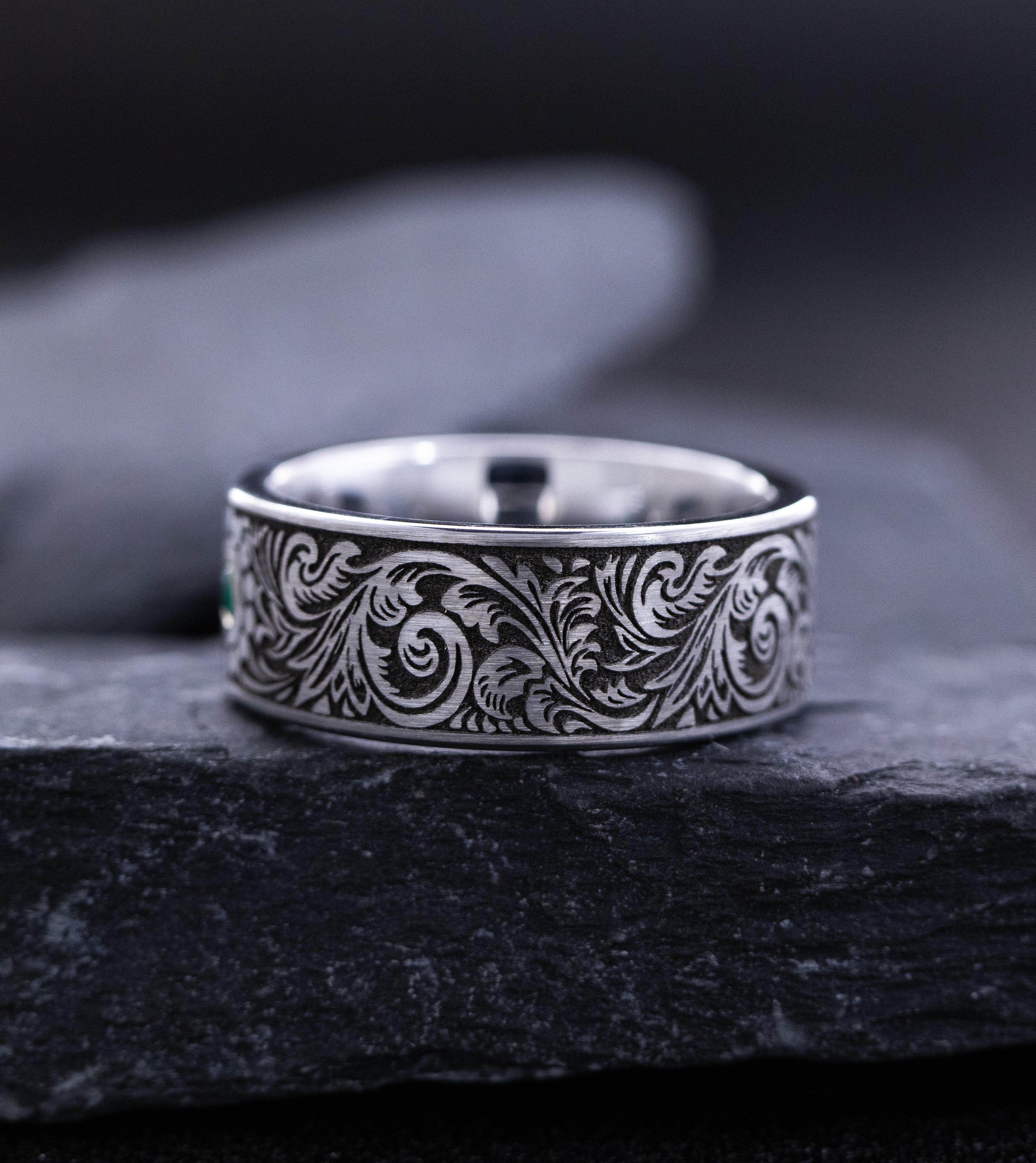 9mm Tungsten Carbide Ring with Gemstone and Victorian Theme Floral Deep Engravings