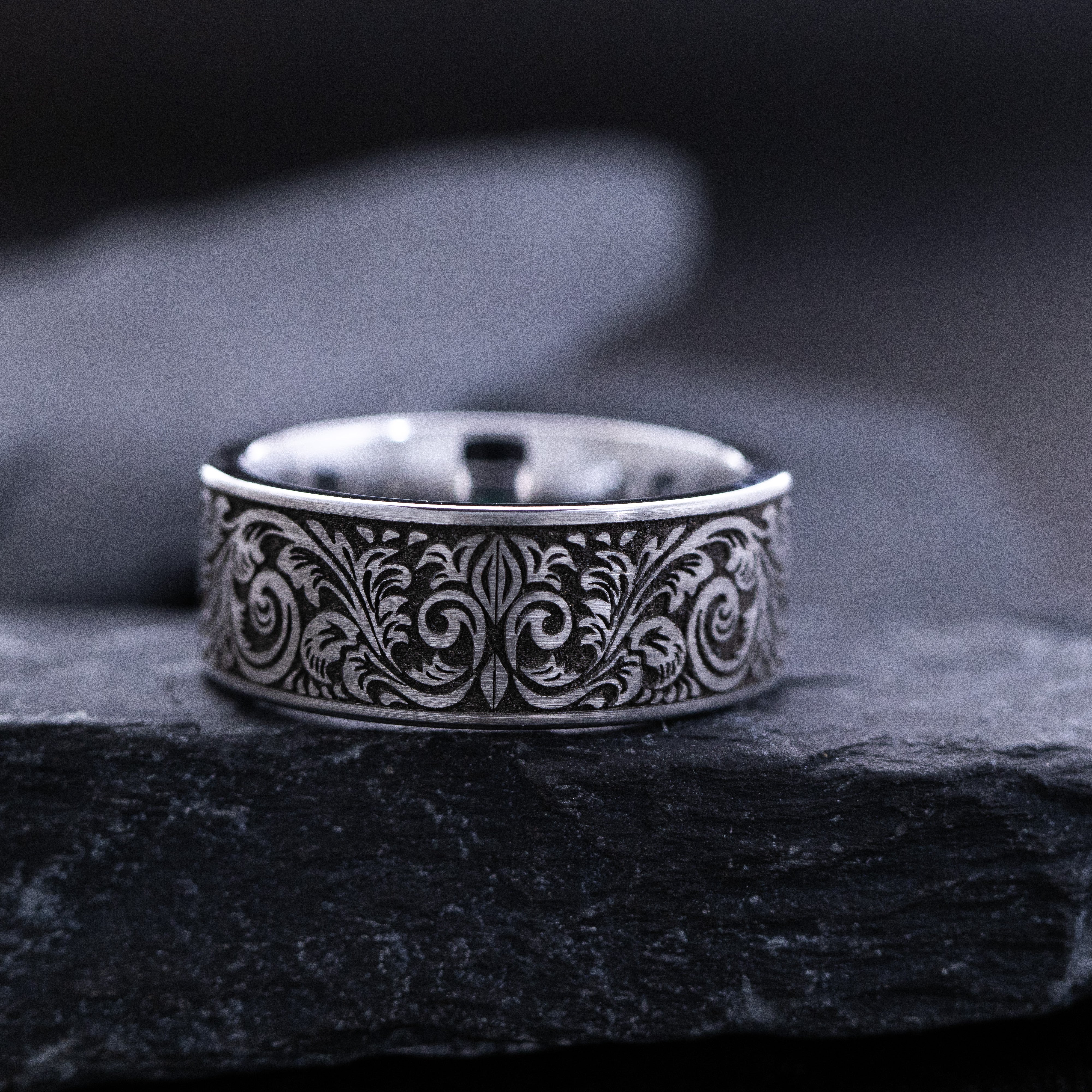 9mm Tungsten Carbide Ring with Gemstone and Victorian Theme Floral Deep Engravings