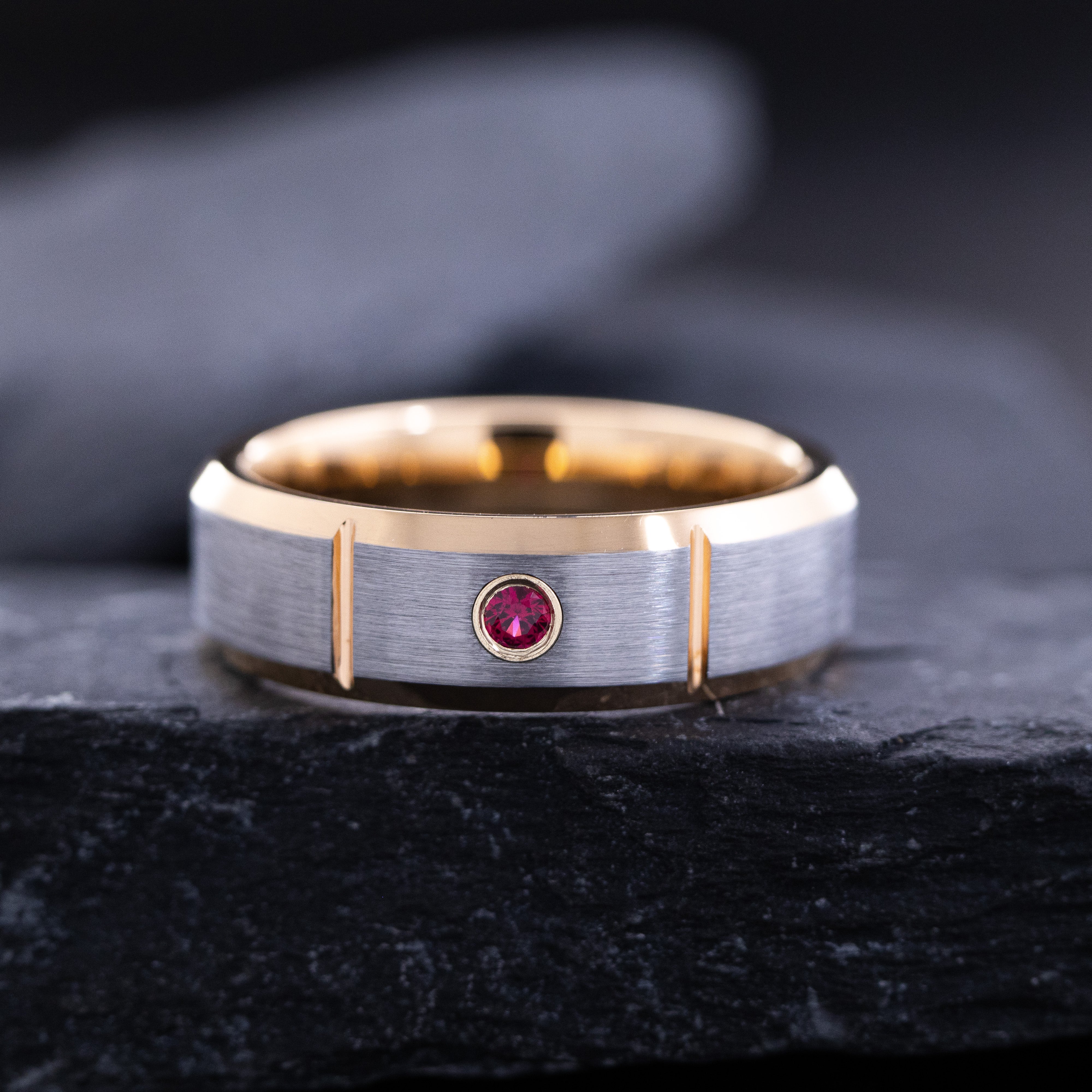 8mm Rose Gold Plated and Notched Tungsten Ring with Round Cut Gemstone