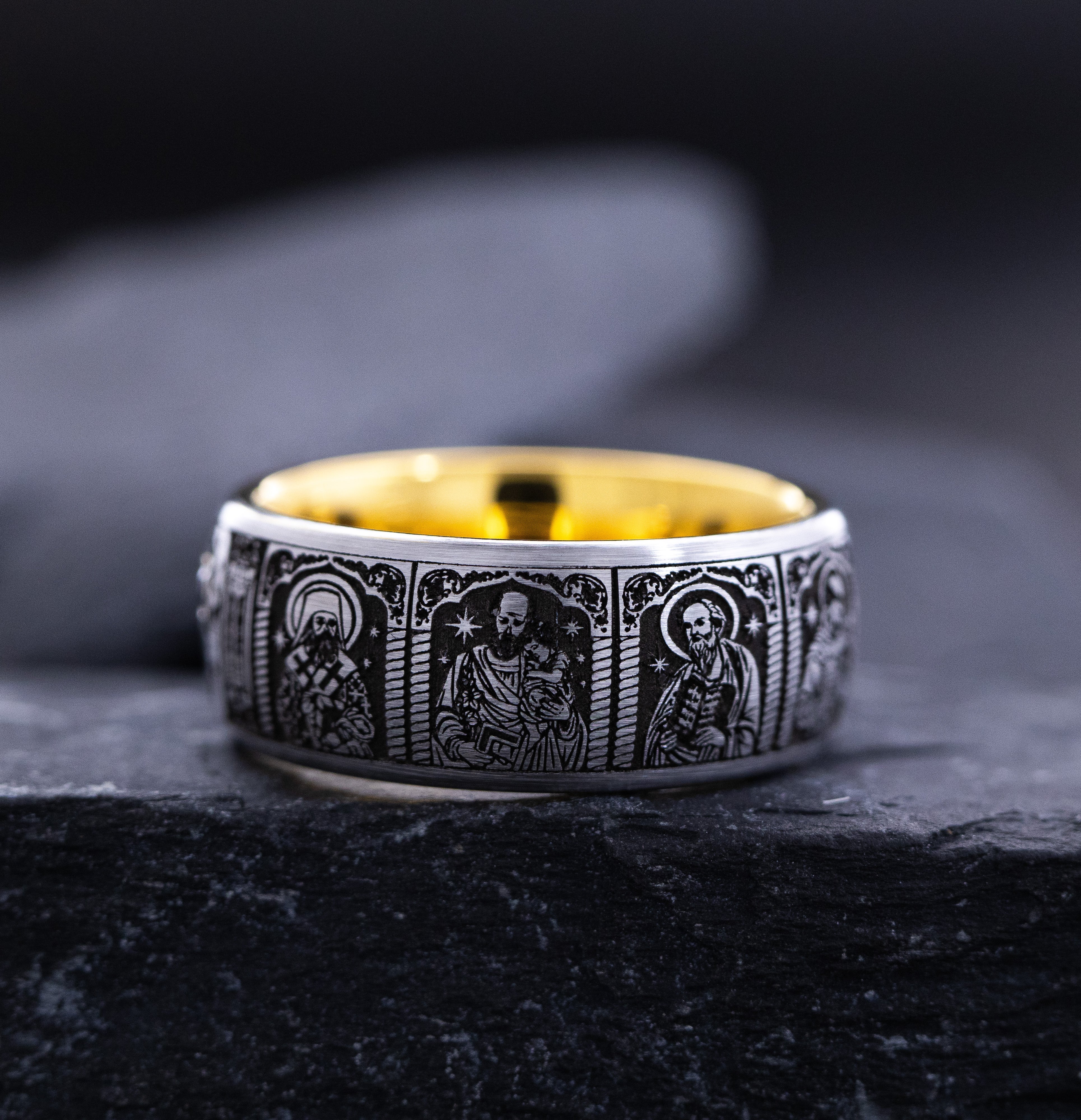 8mm Tungsten Carbide Ring with Yellow Gold Plating, Gemstone and Christian Saints Deep Engraved