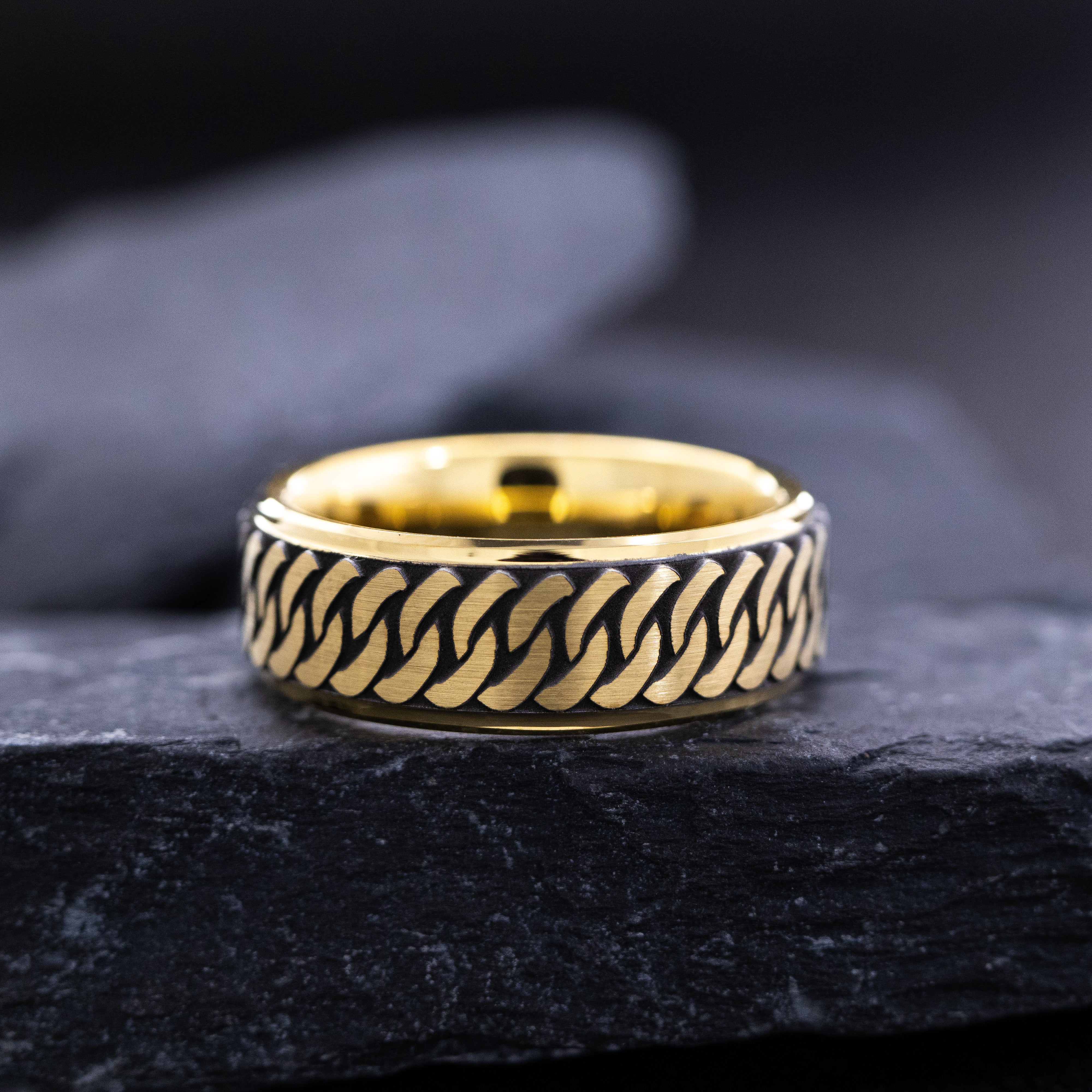 8mm Yellow Gold Plated Celtic Knot Tungsten Ring with Deep Black Engravings, Engraved Wedding Band