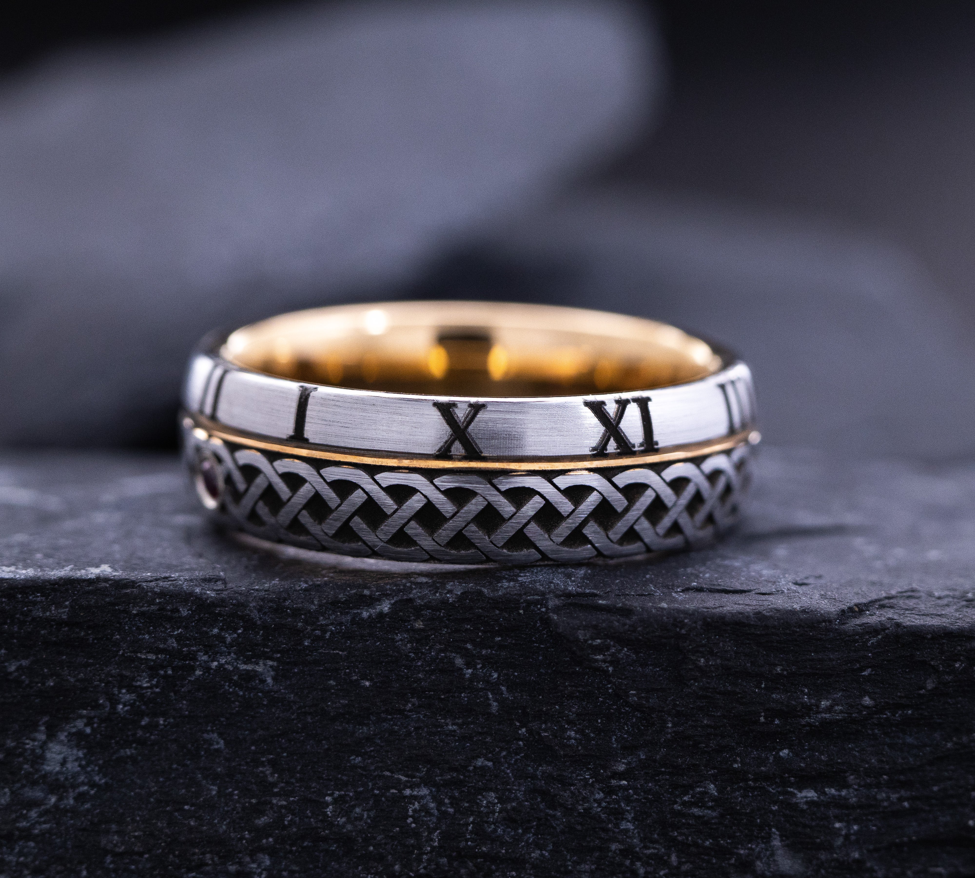Rose Gold Plated 7mm Tungsten Carbide Ring With Round Cut Gemstone, Roman Numerals, and Celtic Knot Engravings