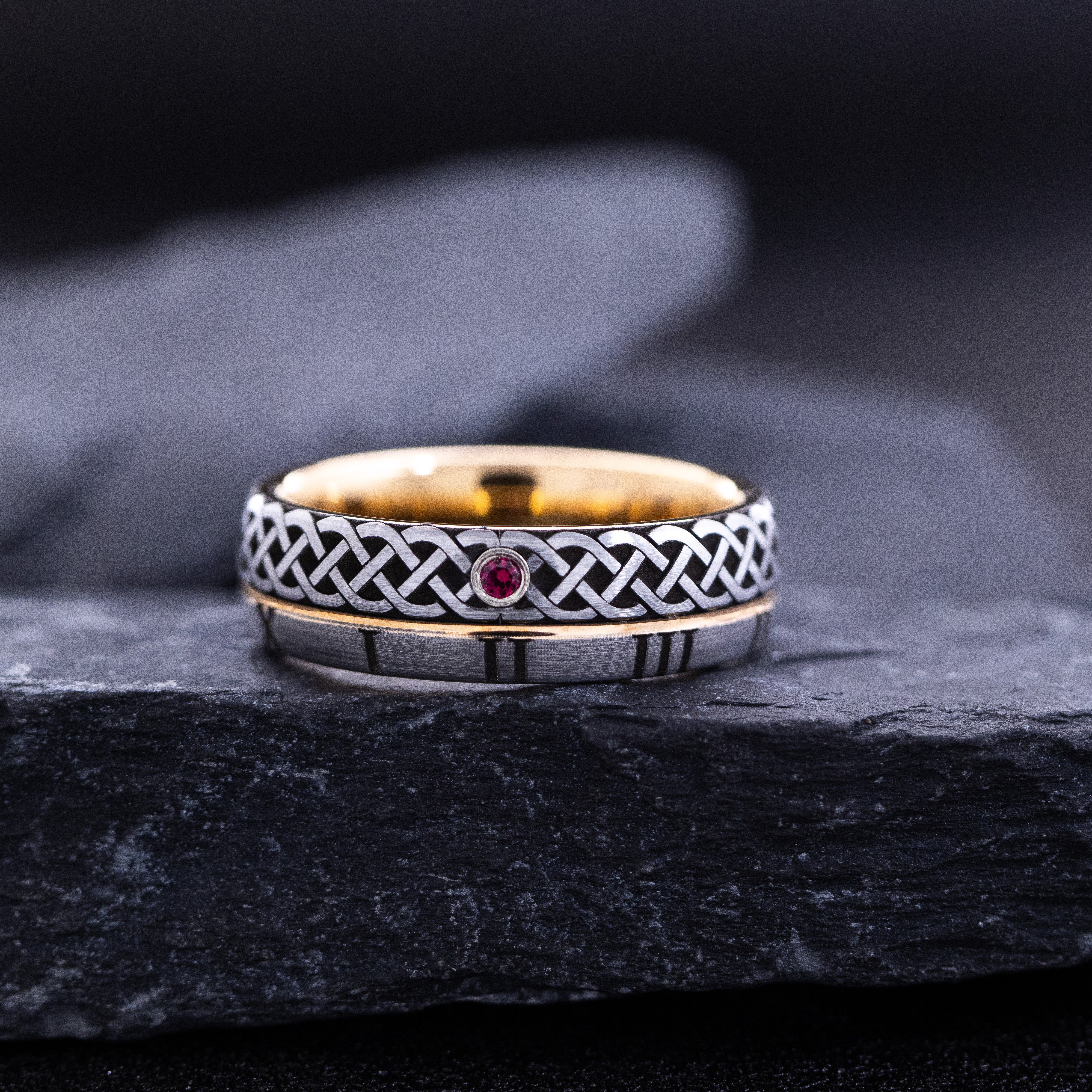 Rose Gold Plated 7mm Tungsten Carbide Ring With Round Cut Gemstone, Roman Numerals, and Celtic Knot Engravings