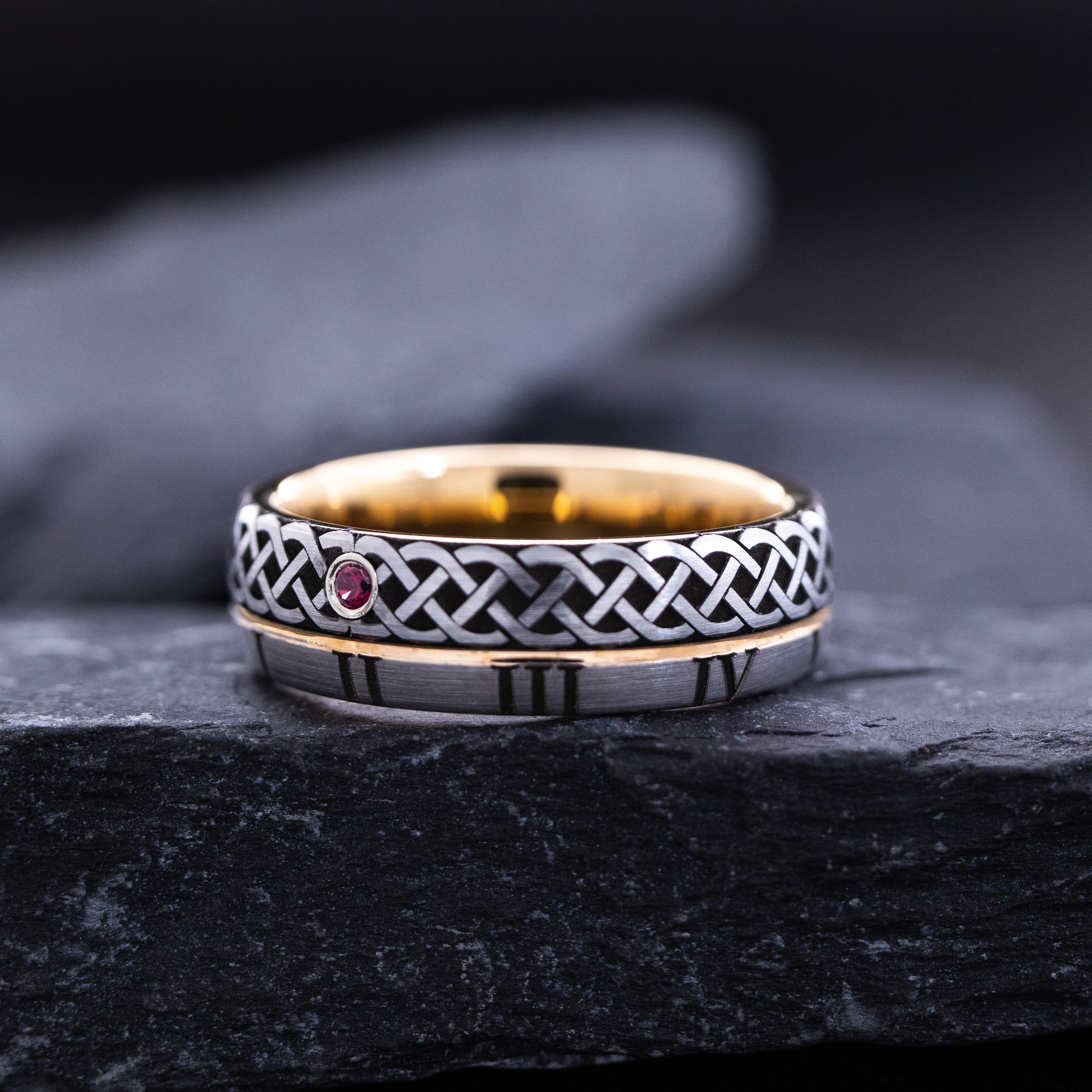 Rose Gold Plated 7mm Tungsten Carbide Ring With Round Cut Gemstone, Roman Numerals, and Celtic Knot Engravings