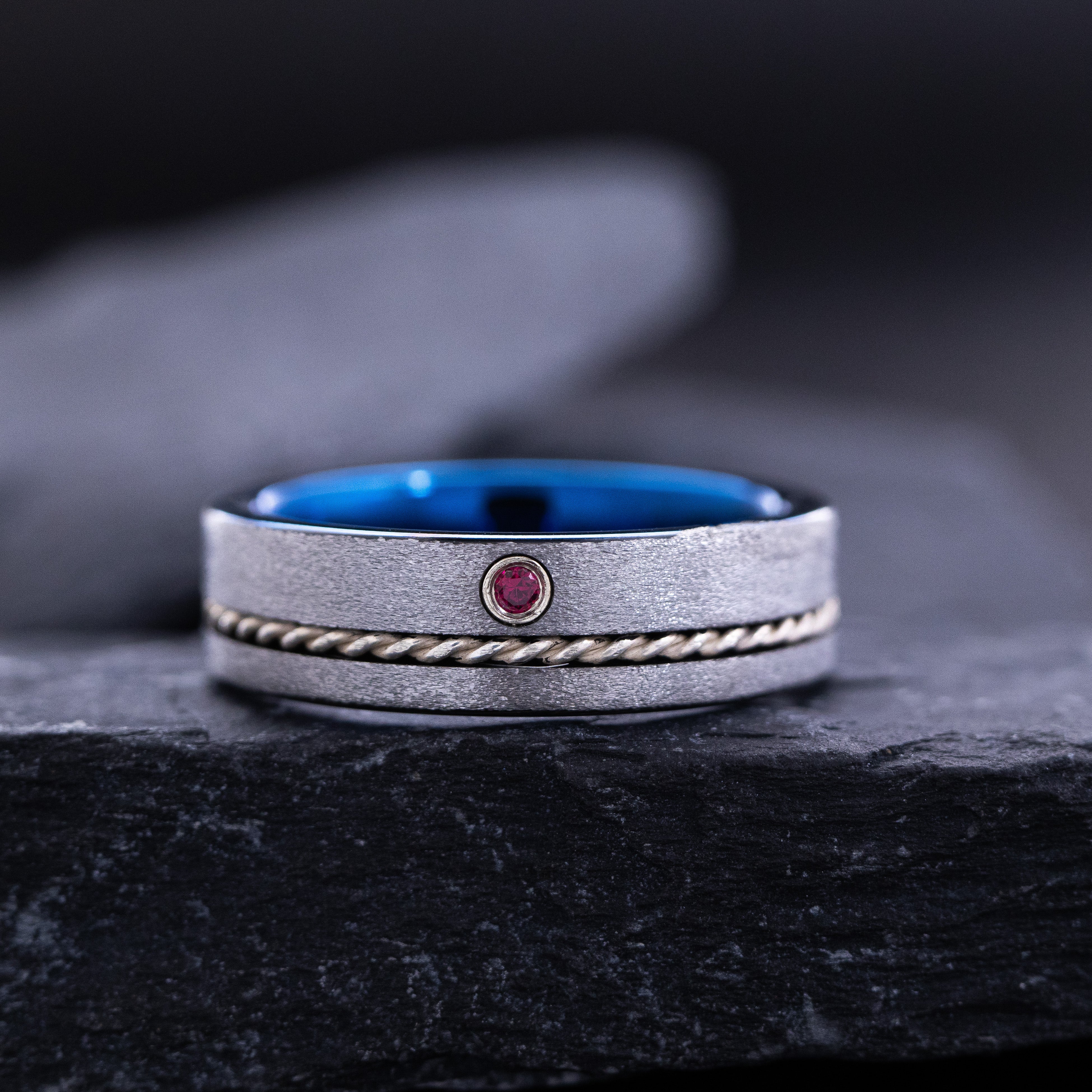 7mm Blue and Silver Tungsten Ring with Braided Rope and Birthstone