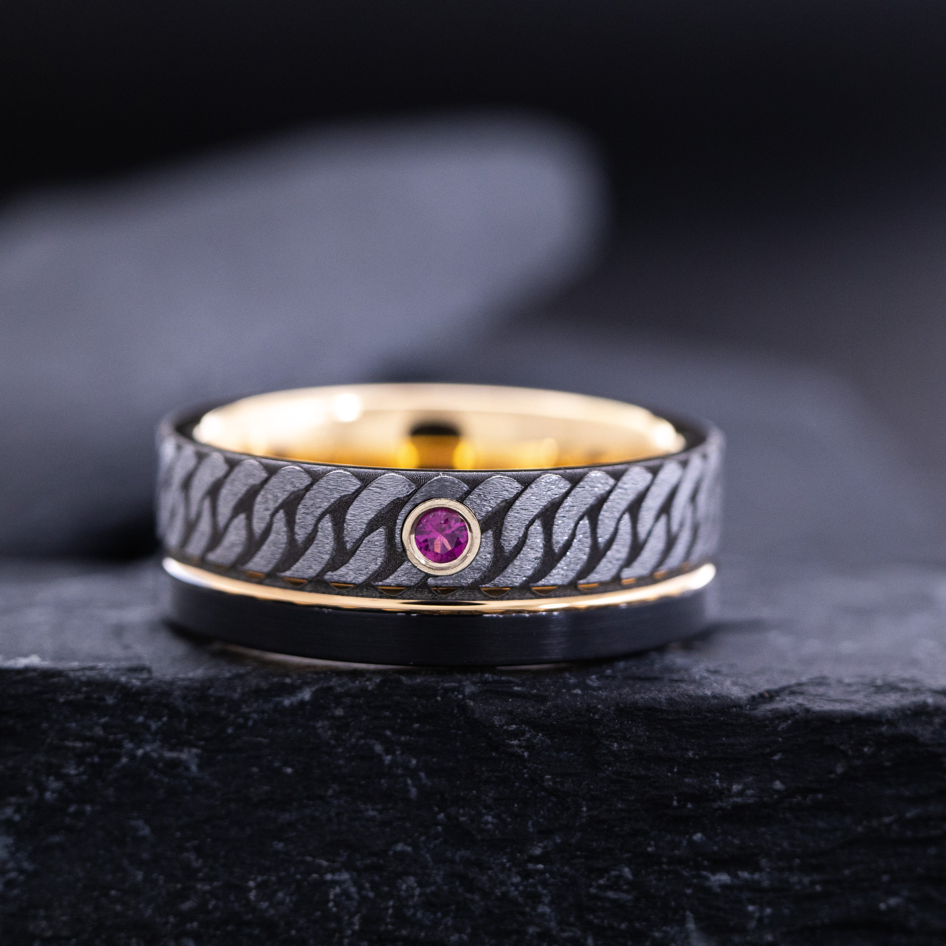 Rose Gold Plated 8mm Black Tungsten Carbide Ring with Engraved Celtic Knot and Birthstone