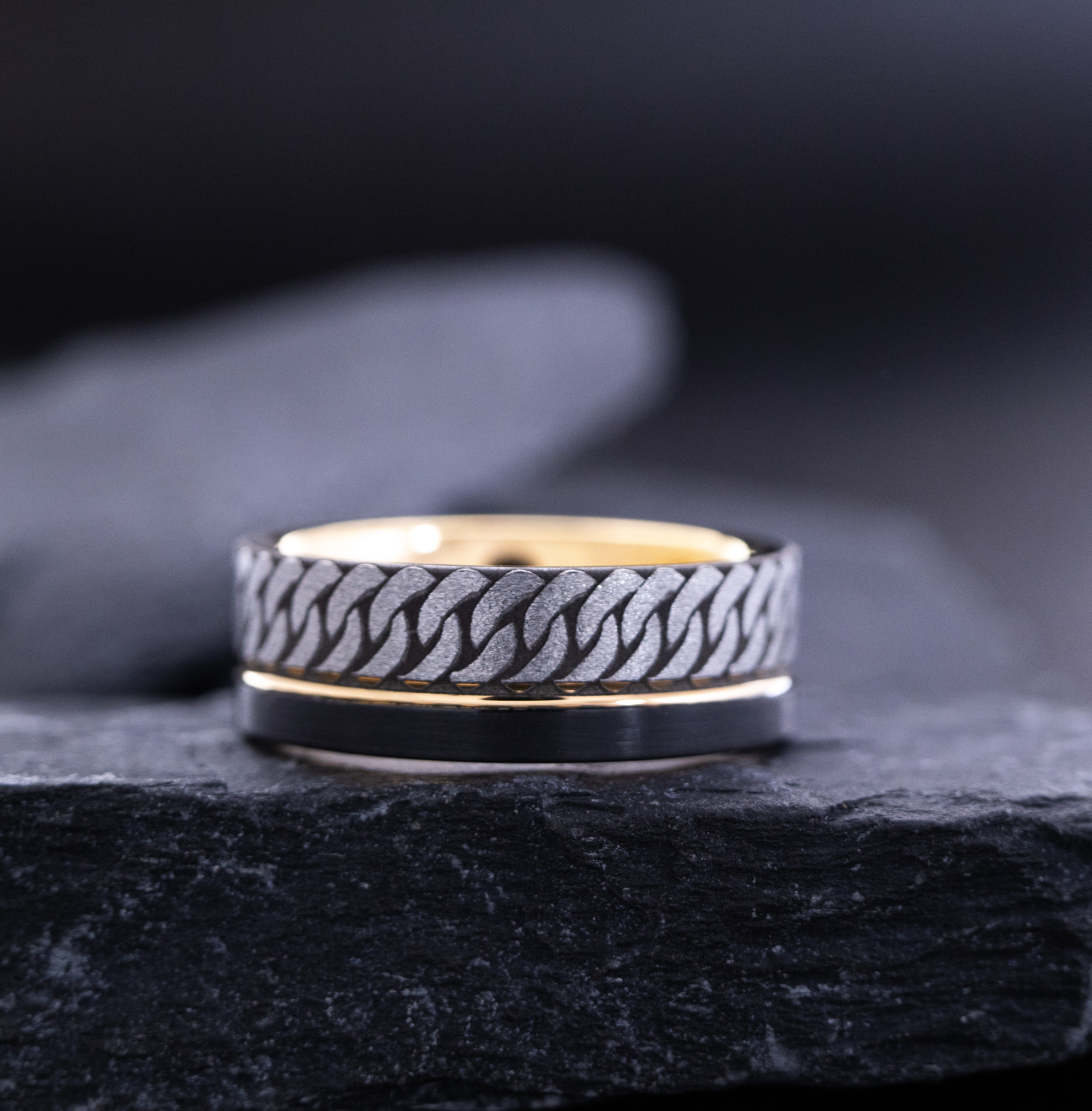 Rose Gold Plated 8mm Black Tungsten Carbide Ring with Engraved Celtic Knot and Birthstone