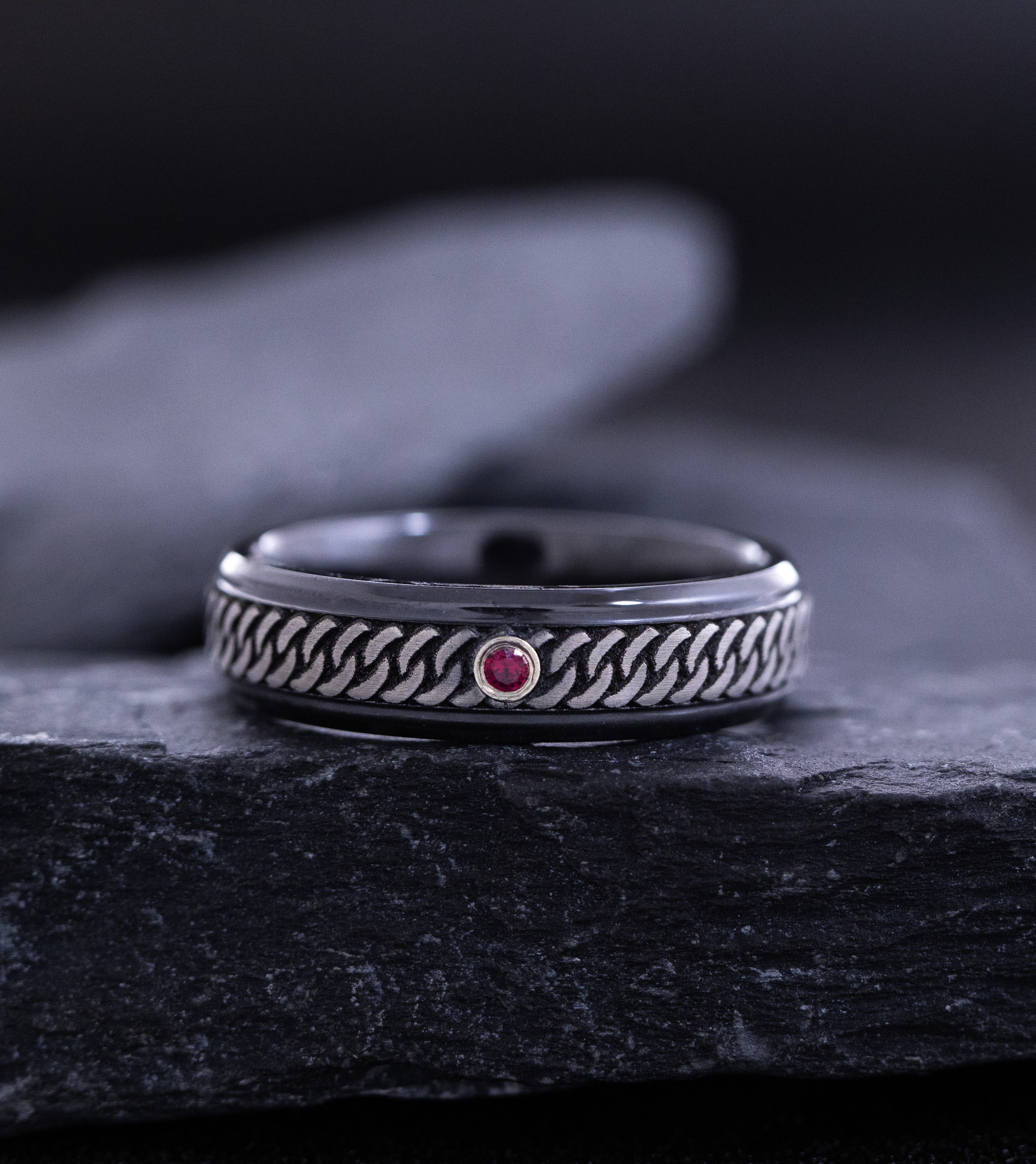 6mm Black Zirconium Ring with Engraved Celtic Knot and Round Cut Birthstone