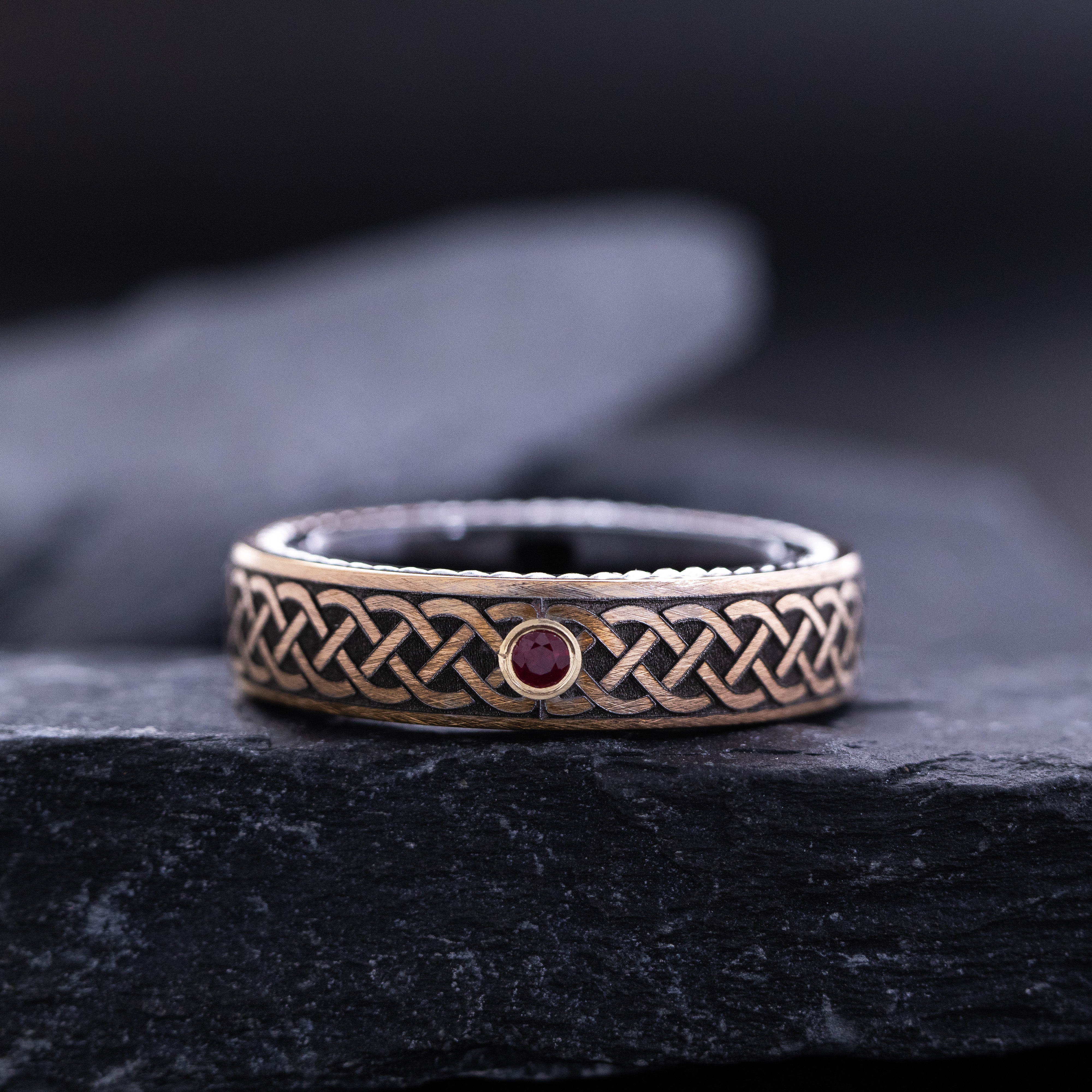 Rose Gold Plated 6mm Black Tungsten Carbide Ring With Round Cut Gemstone, Braided Edges and Deep Celtic Engraving