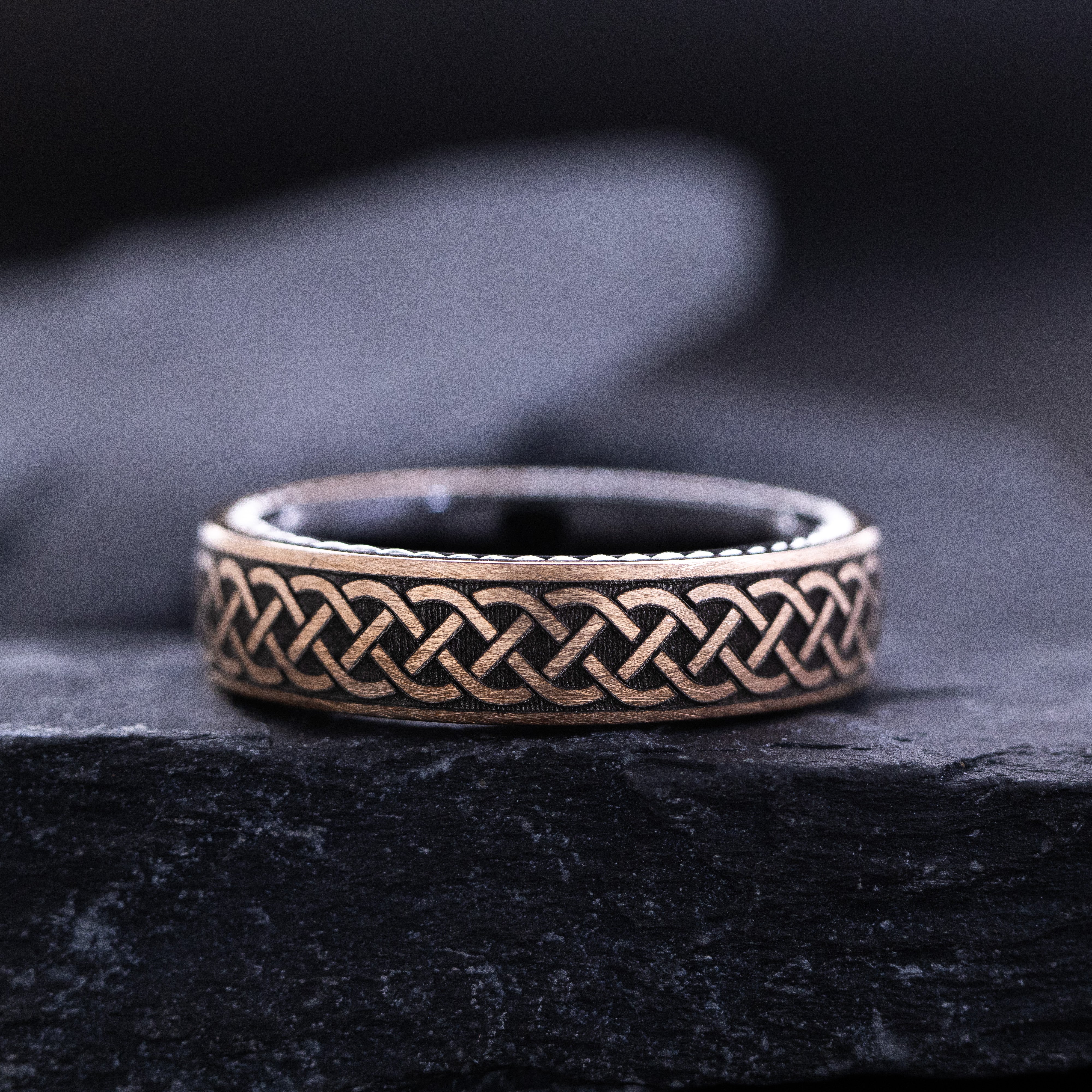 Rose Gold Plated 6mm Black Tungsten Carbide Ring With Round Cut Gemstone, Braided Edges and Deep Celtic Engraving