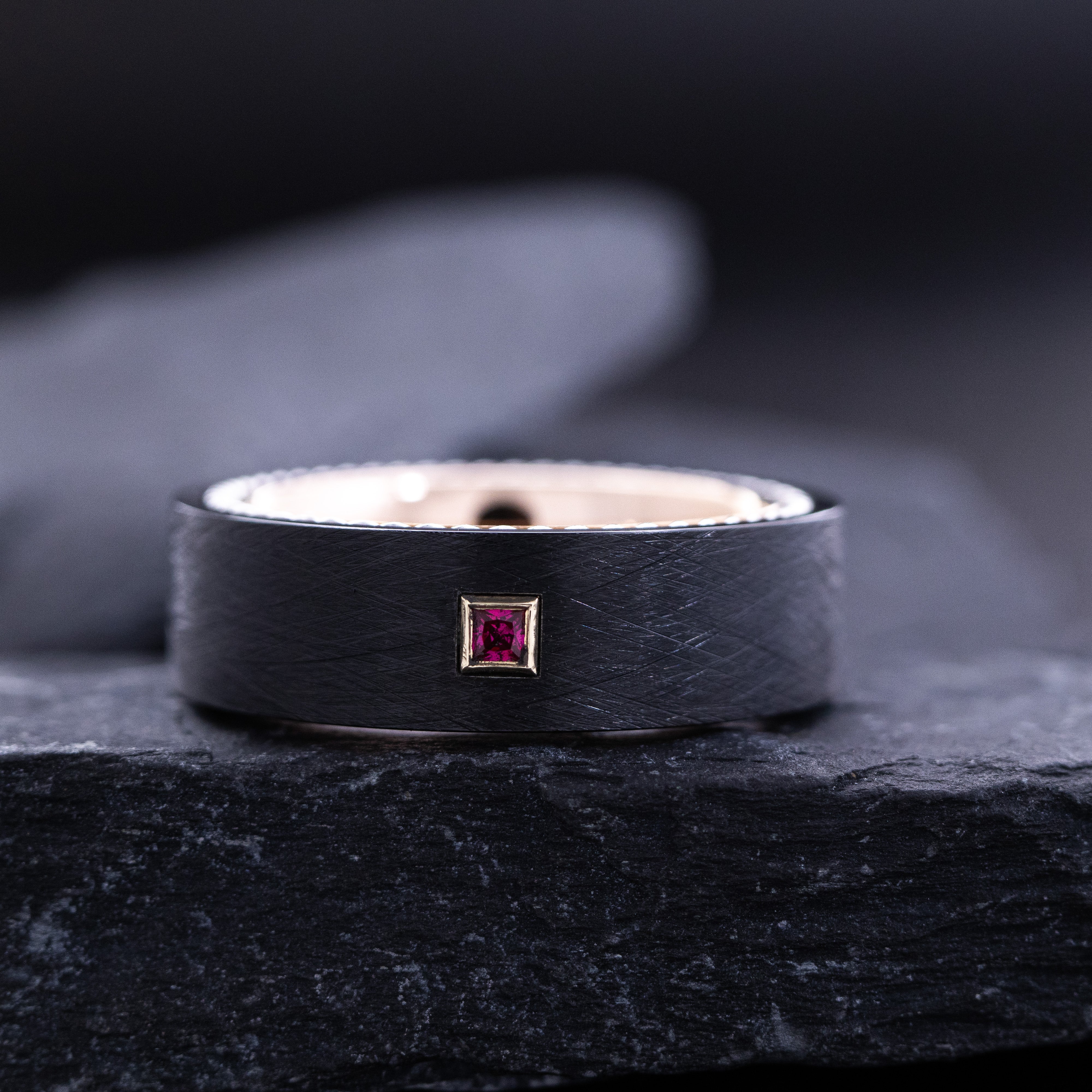 8mm Black and Rose Gold Tungsten Ring with Braided Rope and Princess Cut Birthstone
