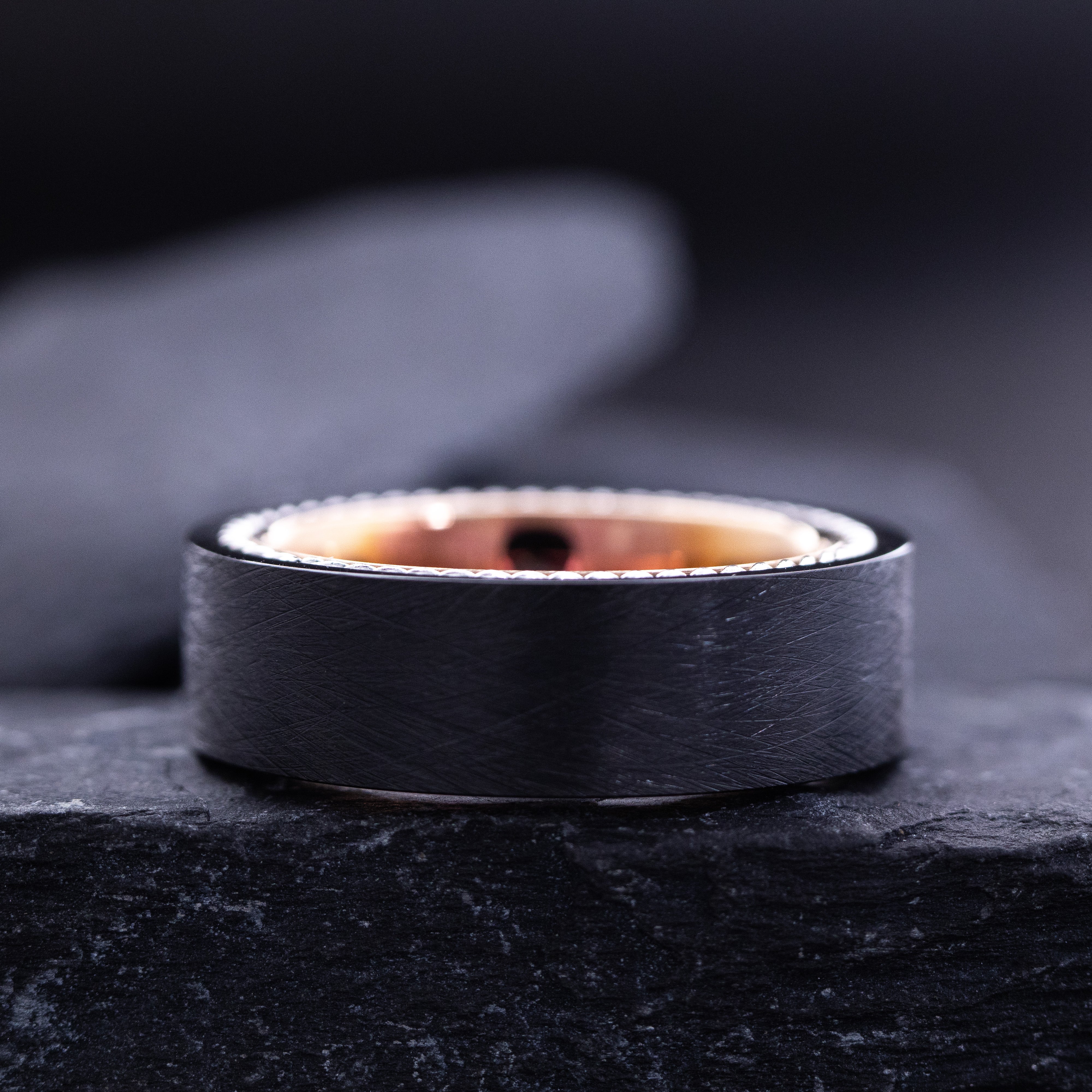 8mm Black and Rose Gold Tungsten Ring with Braided Rope and Princess Cut Birthstone