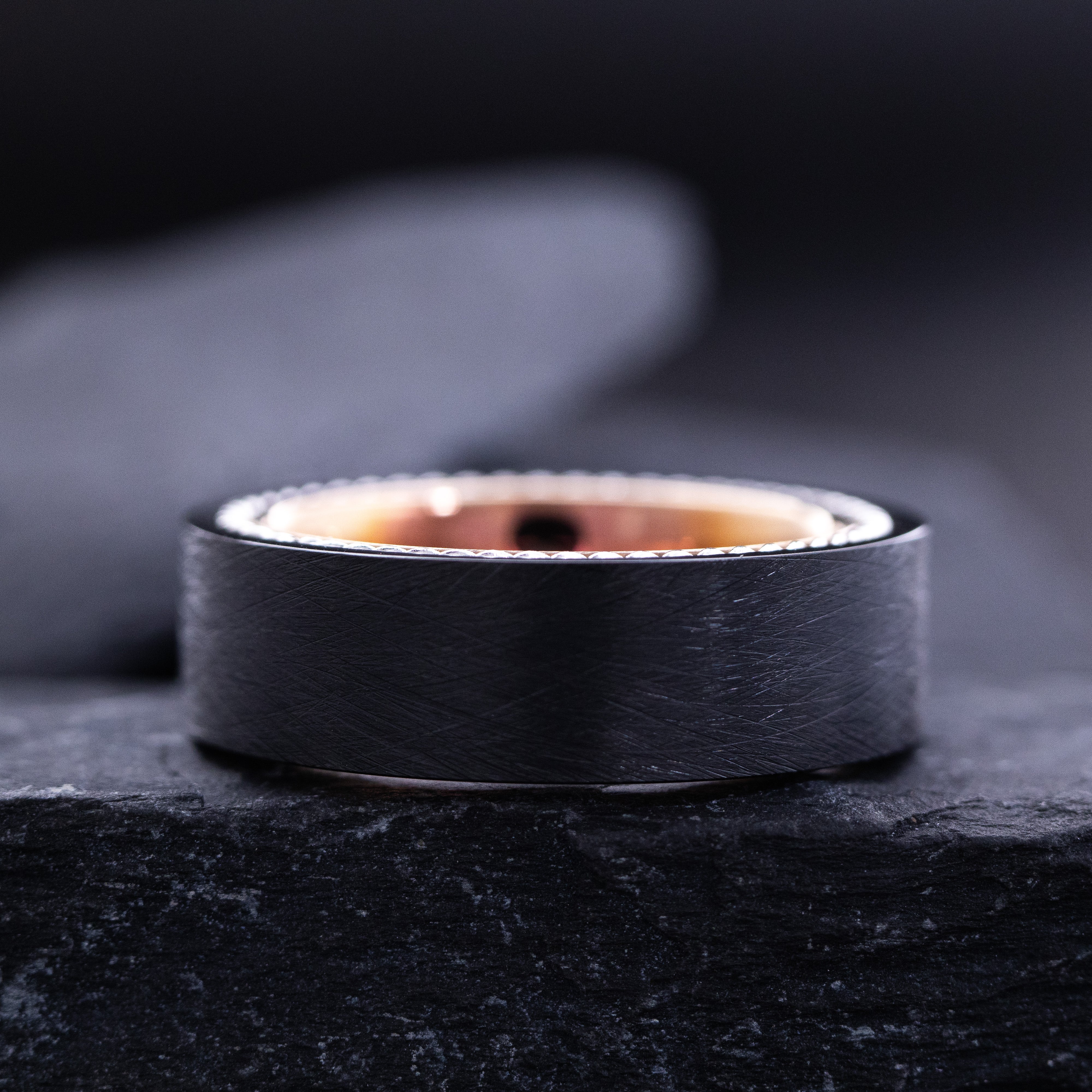 8mm Black and Rose Gold Tungsten Ring with Twisted Rope and Personalized Princess Cut Gemstone