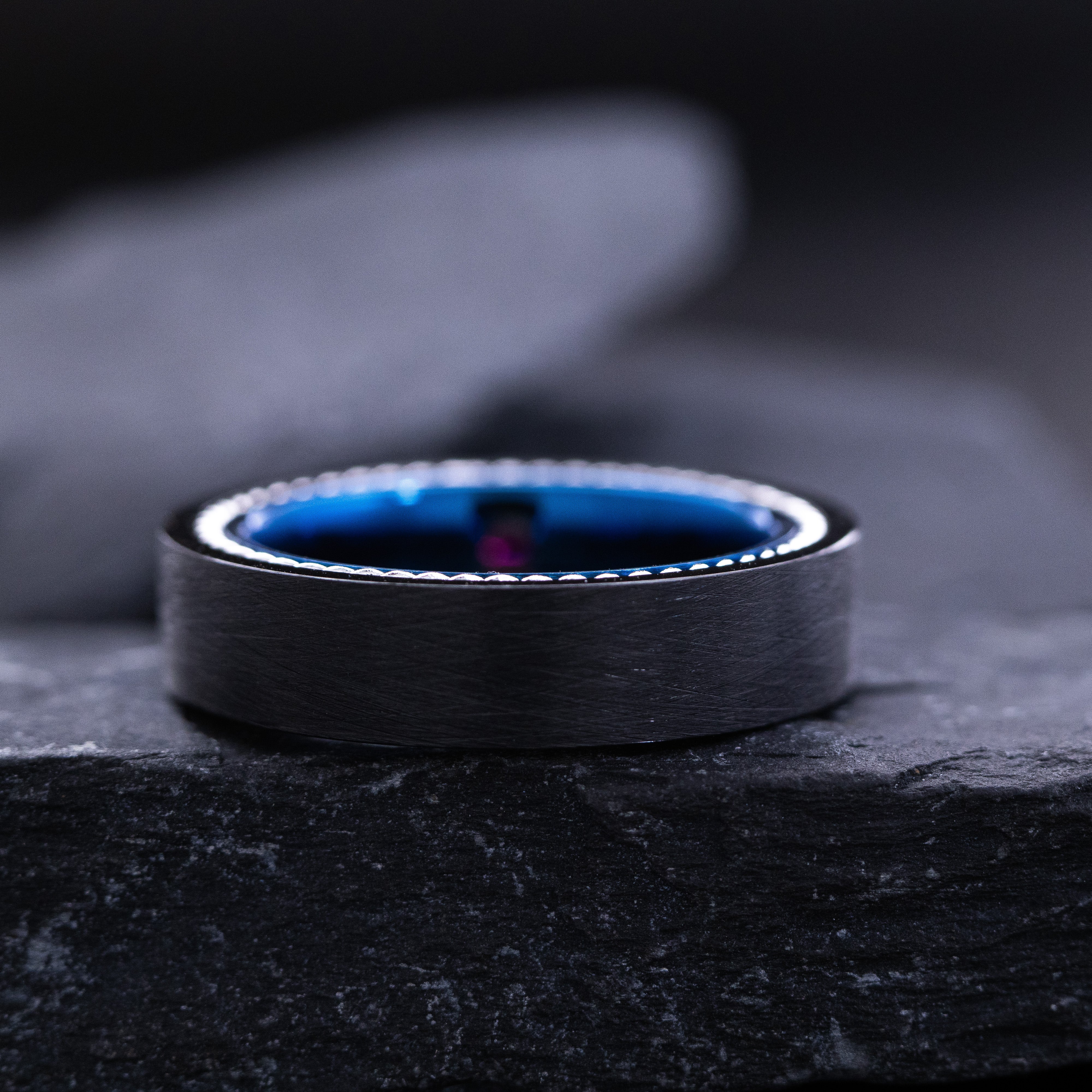 6mm Flat Blue and Black Tungsten Carbide Ring with Birthstone and Rope Edges