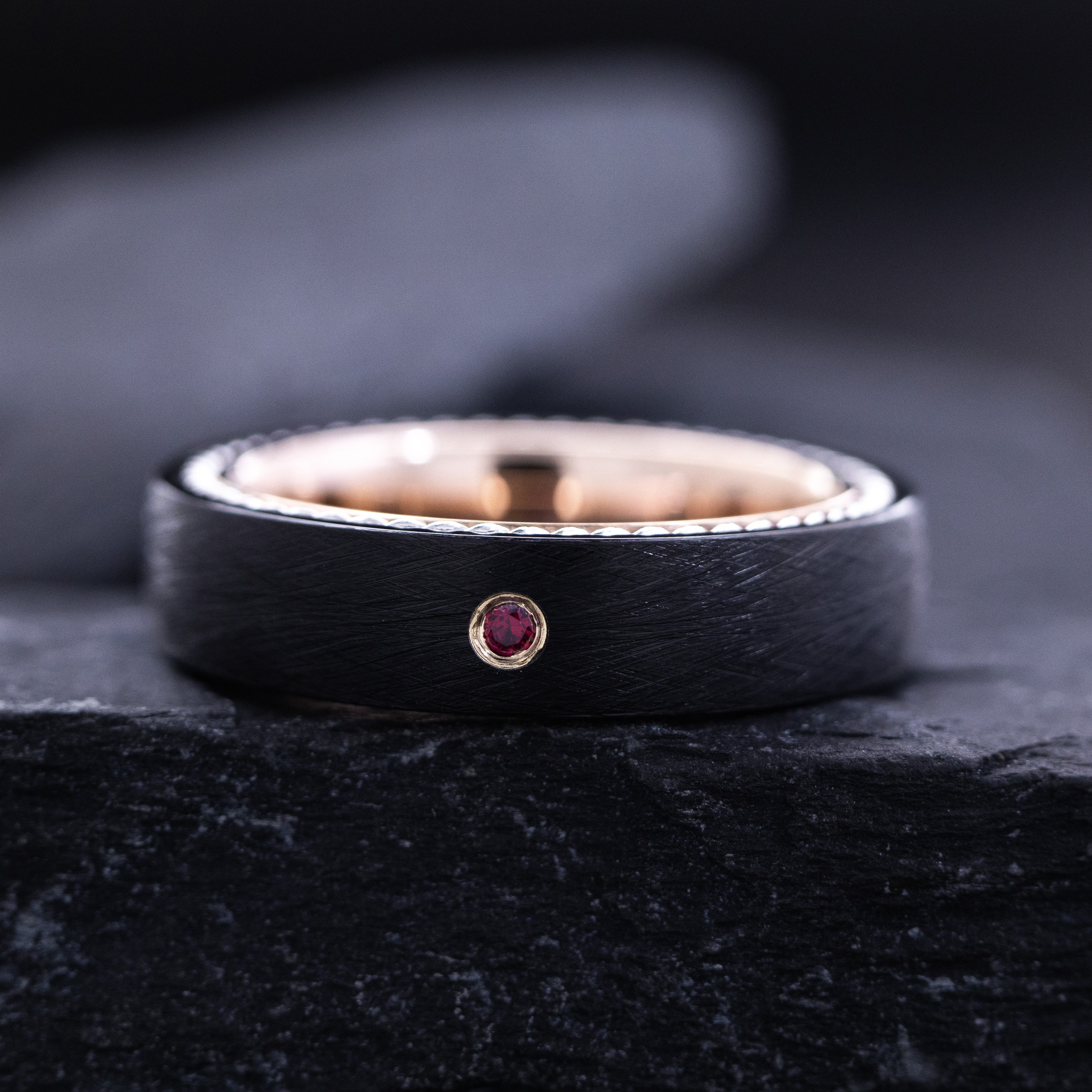 6mm Black and Rose Gold Tungsten Ring with Braided Rope and Round Cut Birthstone