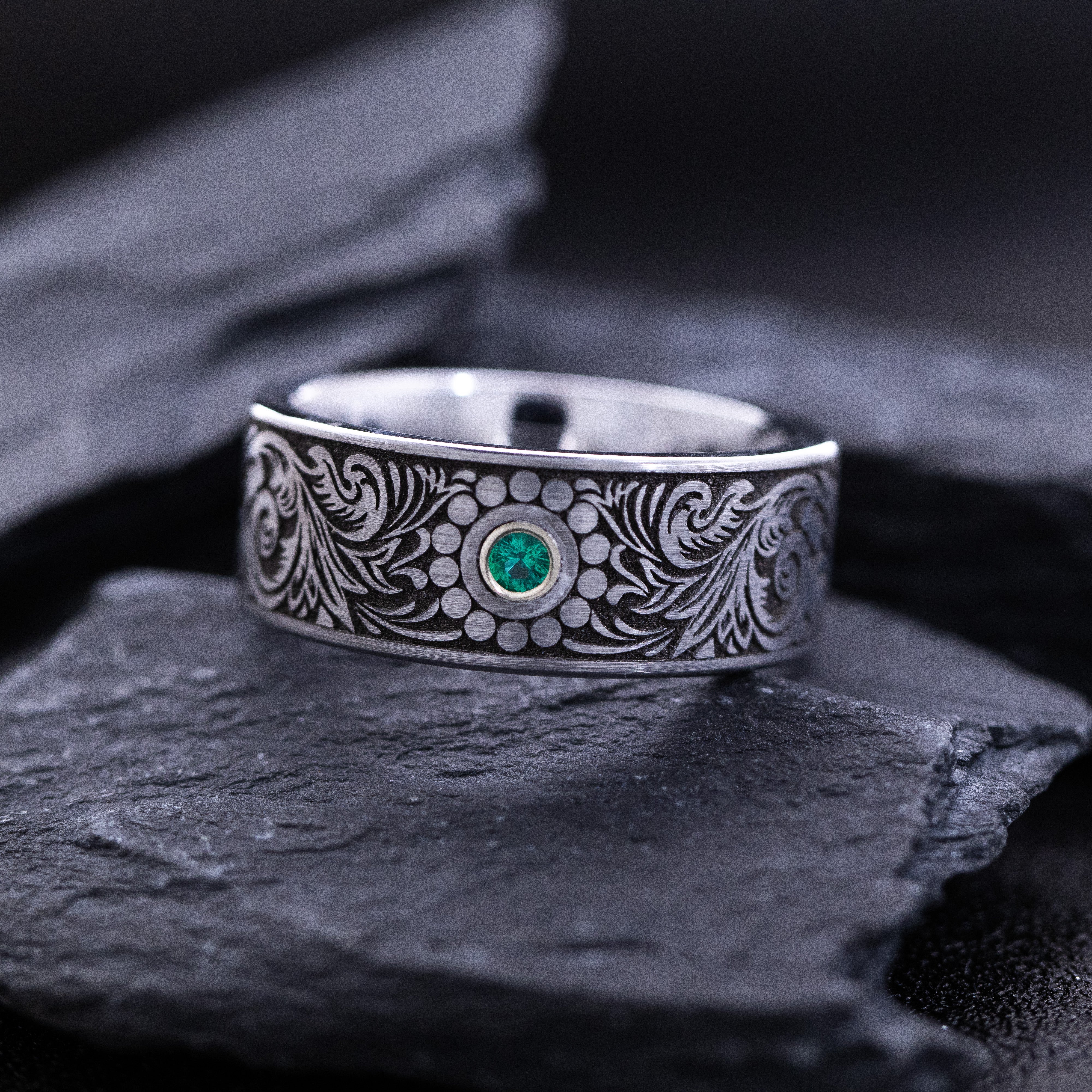 9mm Tungsten Carbide Ring with Gemstone and Victorian Theme Floral Deep Engravings