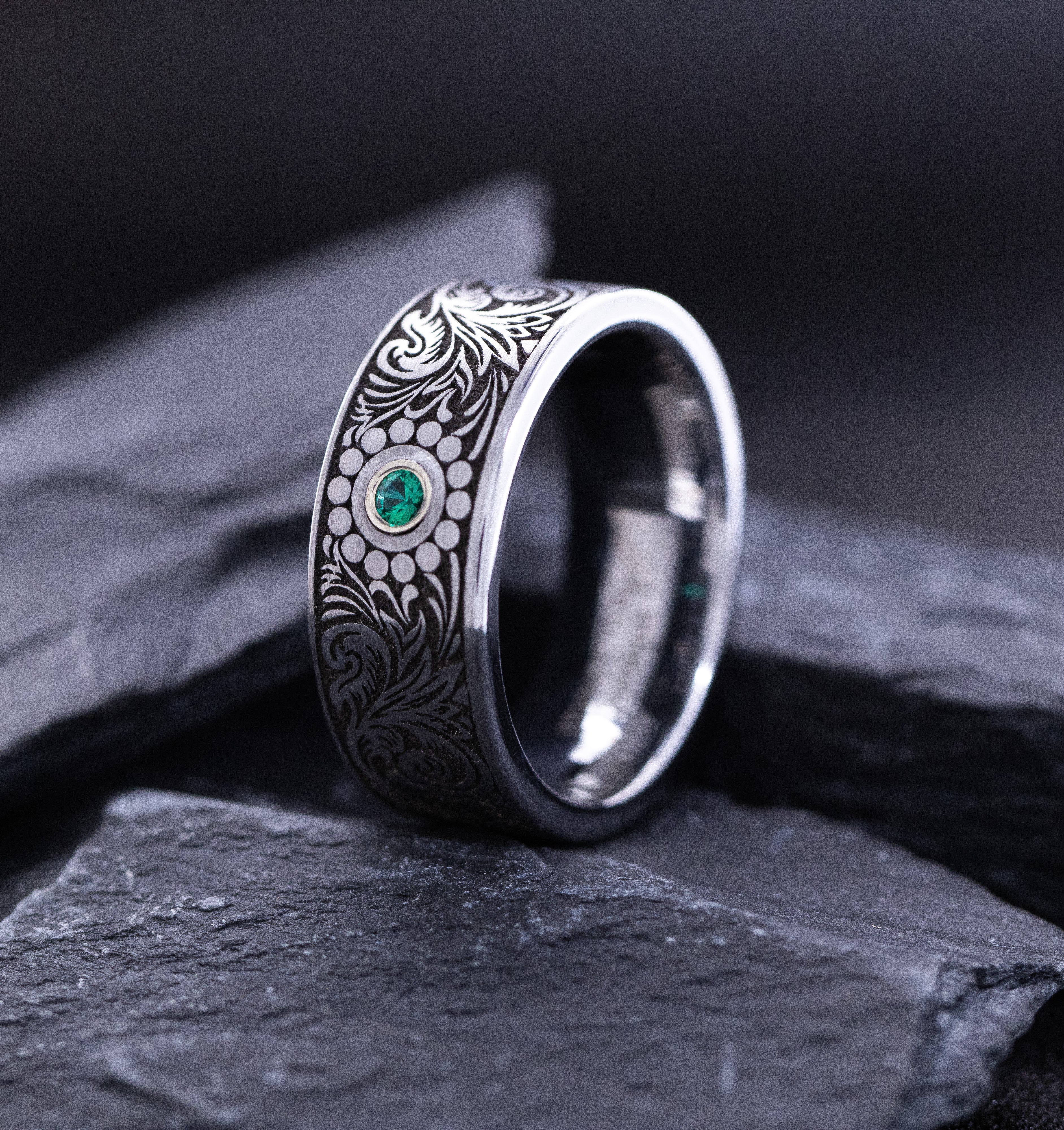9mm Tungsten Carbide Ring with Gemstone and Victorian Theme Floral Deep Engravings