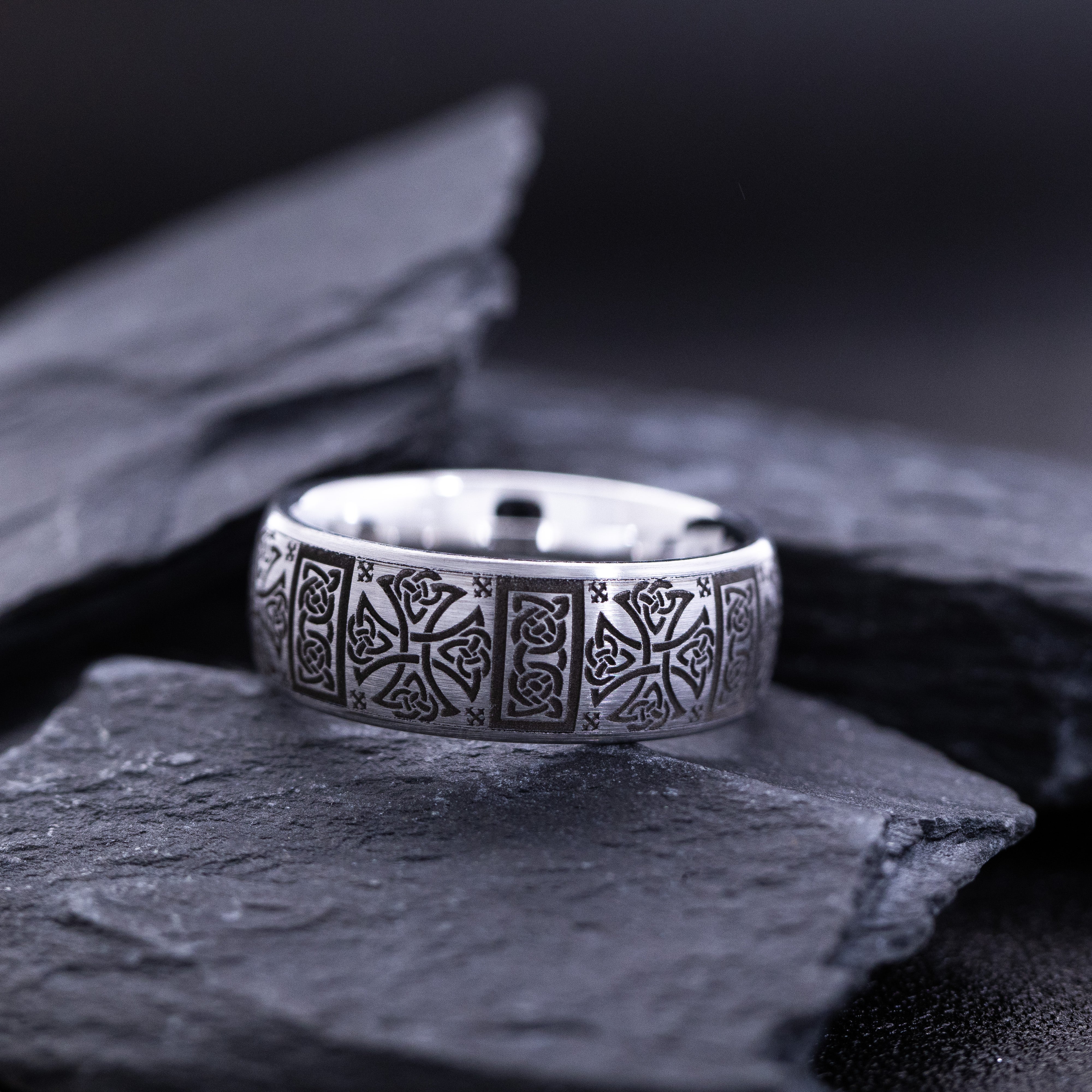 8mm Silver and Black Tungsten Carbide Band with Celtic Cross and Knot Deep Engravings