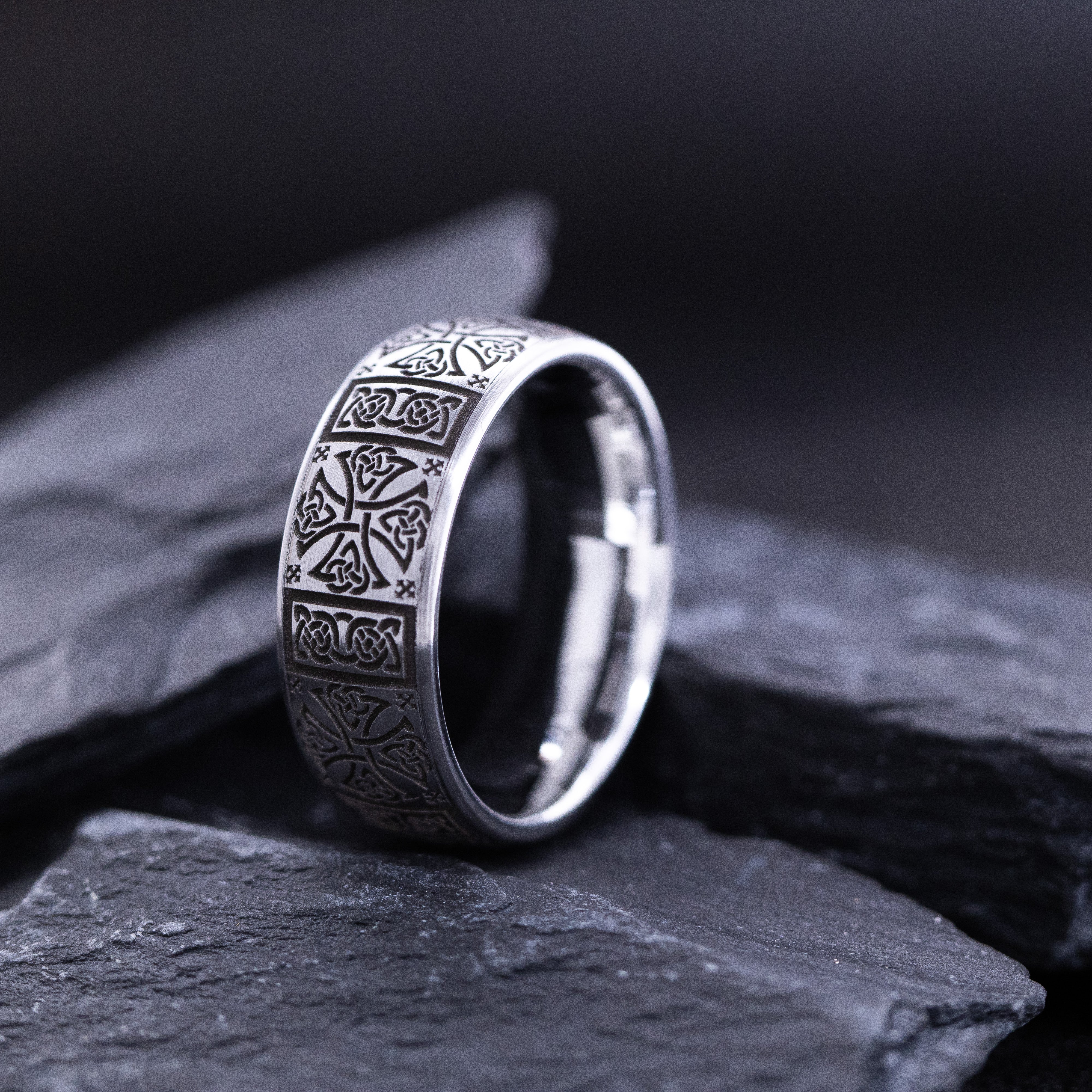 8mm Silver and Black Tungsten Carbide Band with Celtic Cross and Knot Deep Engravings
