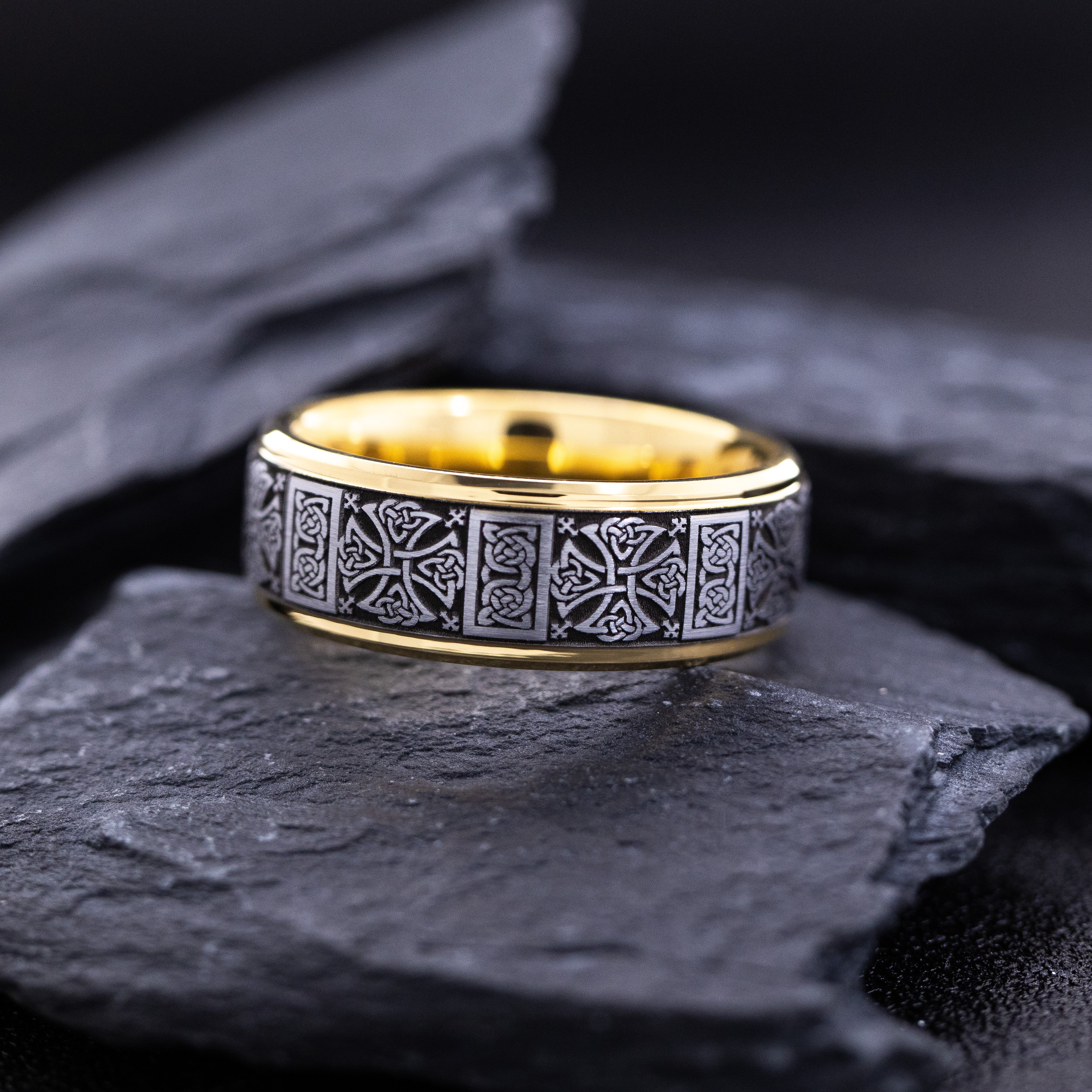 8mm Silver and Yellow Gold Plated Tungsten Carbide Ring with Deep Engraved Ancient Celtic Knotwork