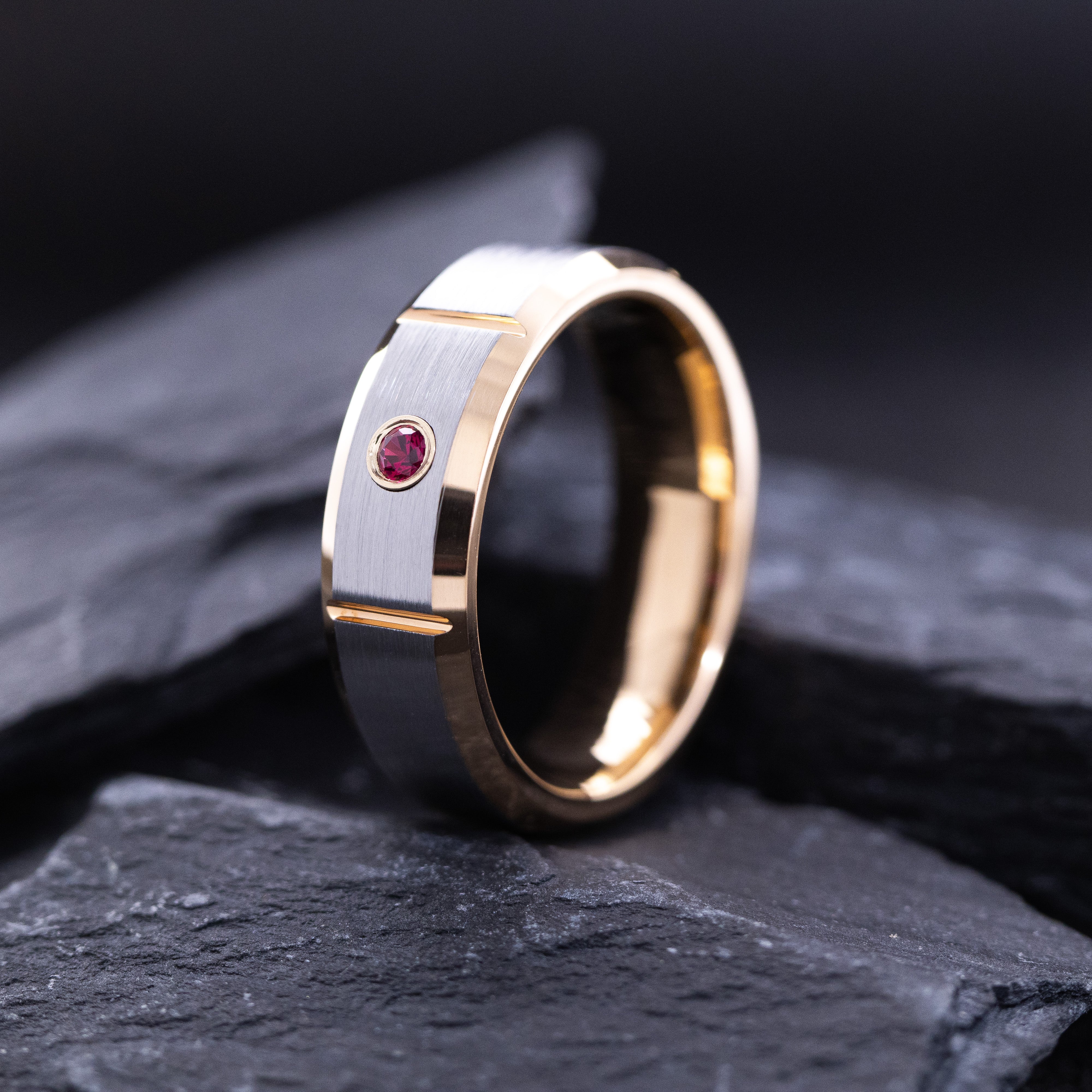 8mm Rose Gold Plated and Notched Tungsten Ring with Round Cut Gemstone