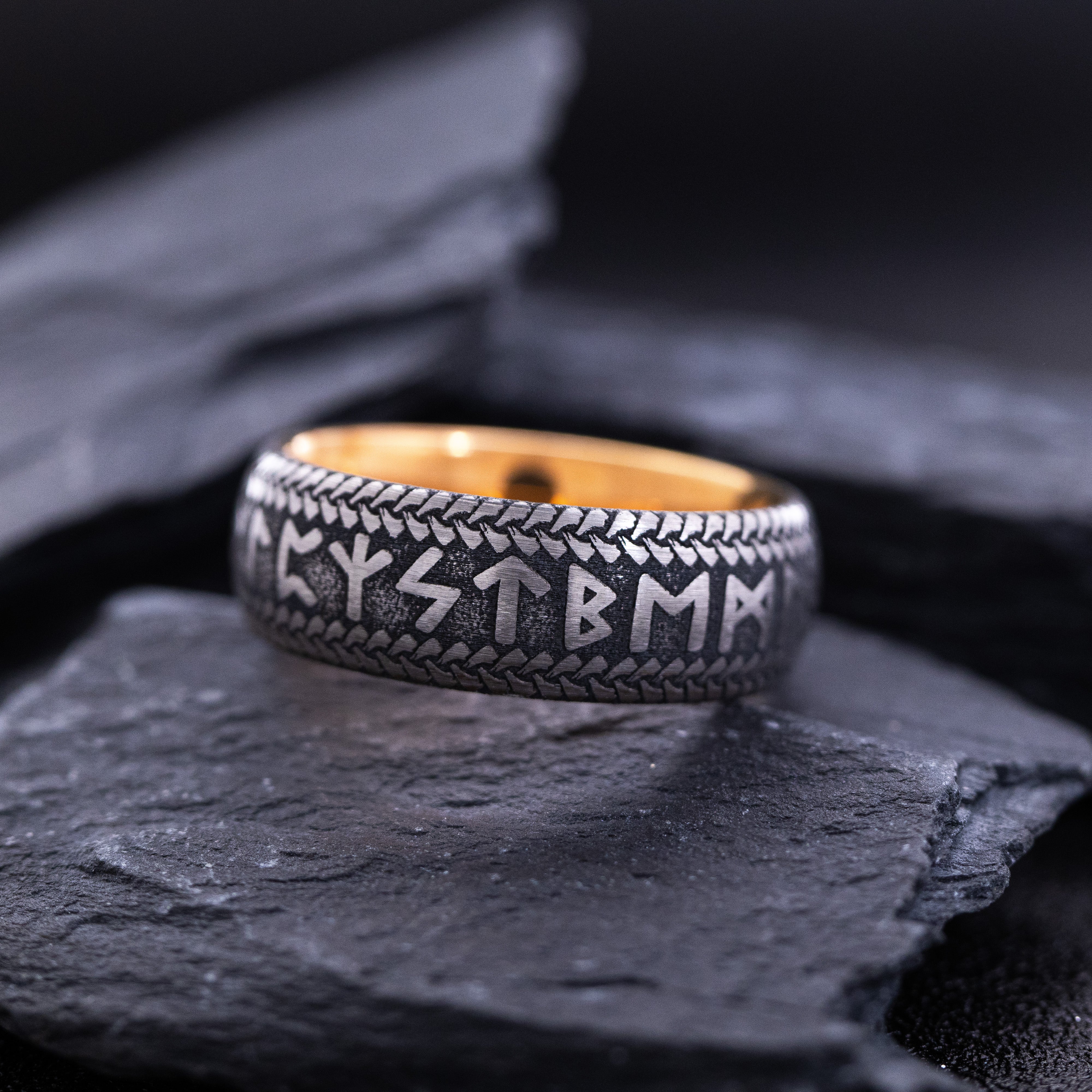 8mm Rose Gold Plated Tantalum Ring with Deep Engraved Norse Viking Runes