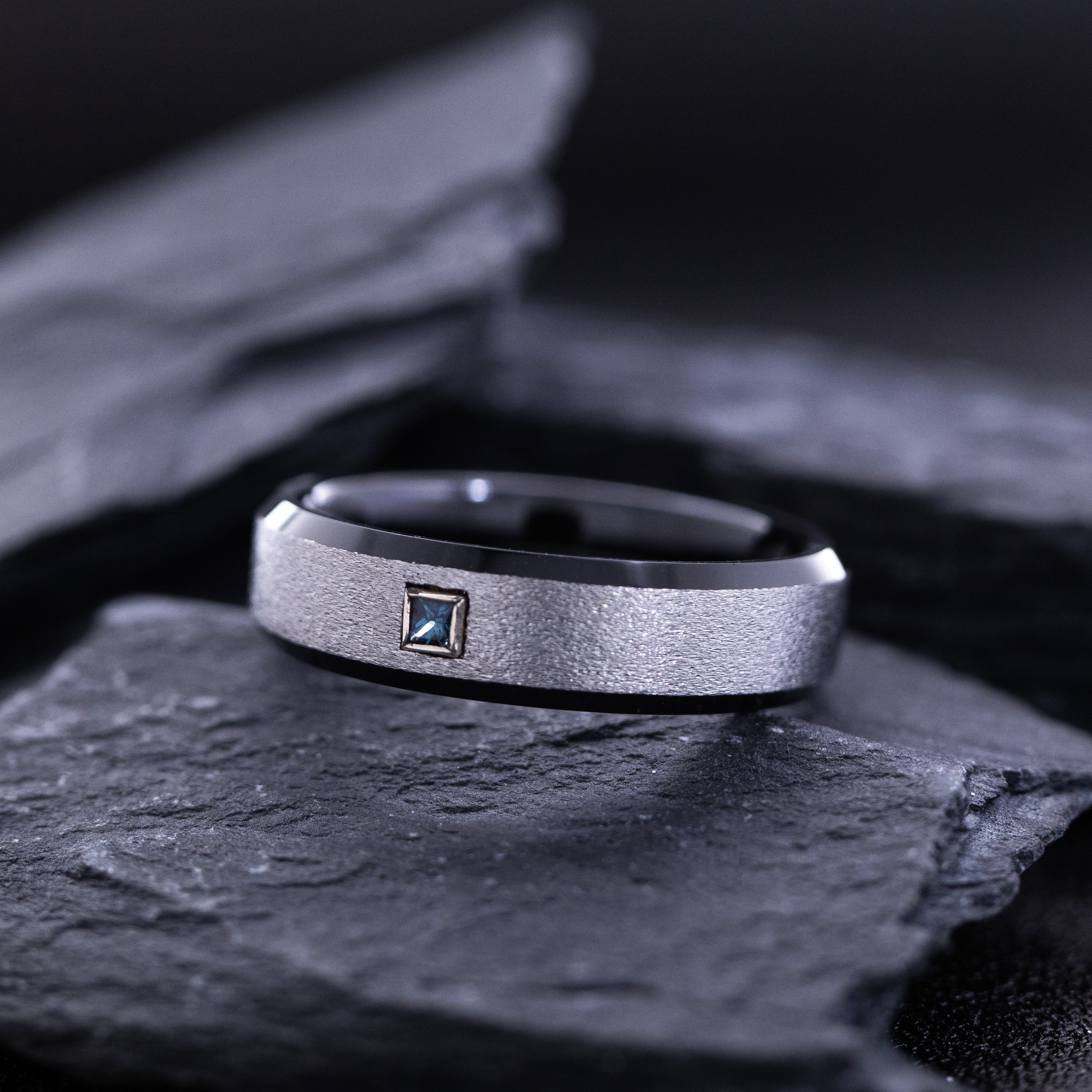 6mm Silver Stone Finished Tungsten Carbide with Princess Cut Gemstone