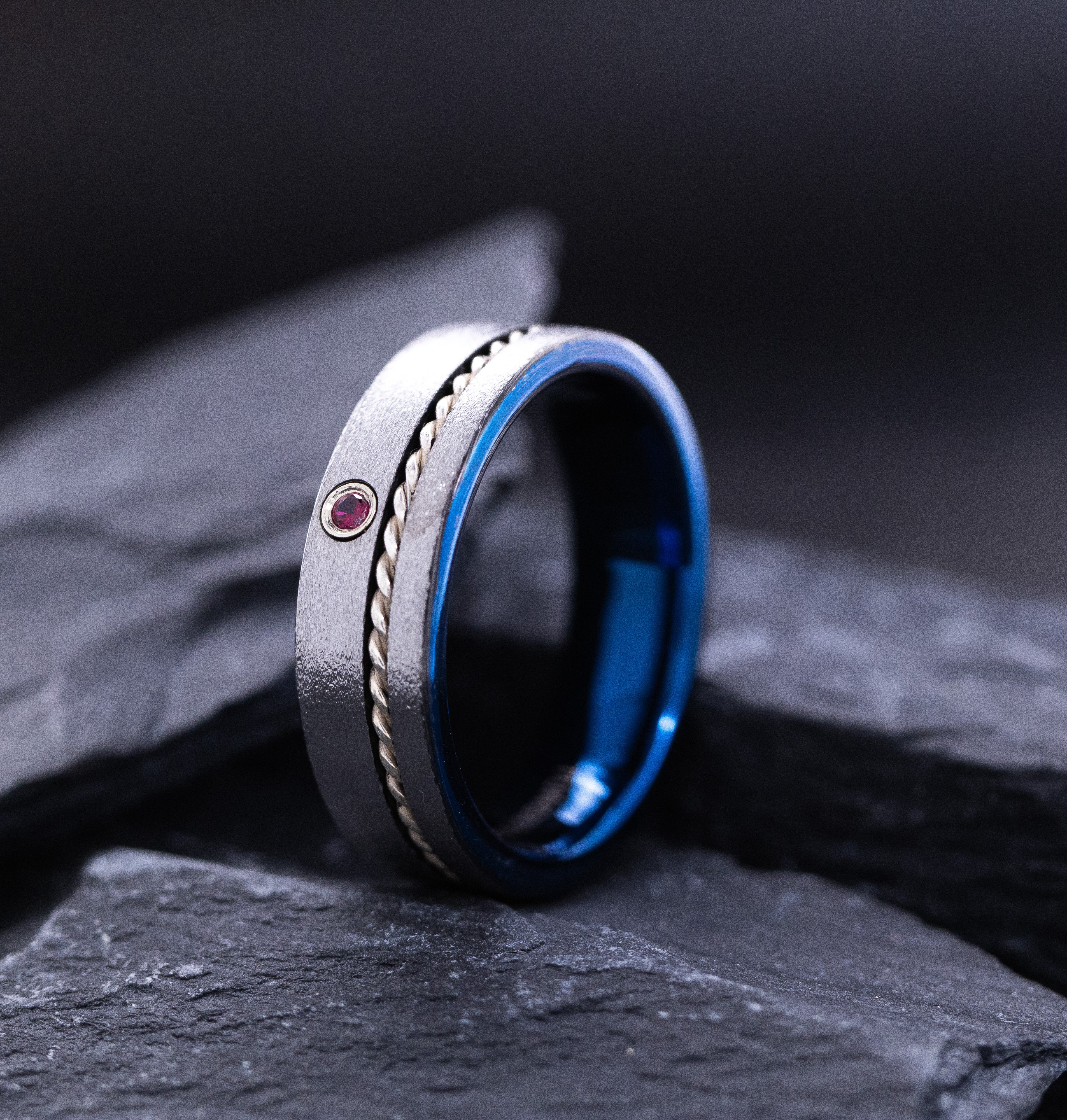7mm Blue and Silver Tungsten Ring with Braided Rope and Birthstone